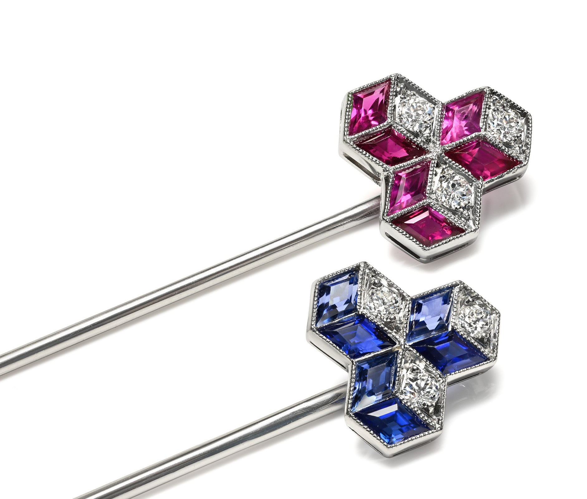 Pair Charlton Co Art Deco Diamond Ruby Sapphire Stick Pins