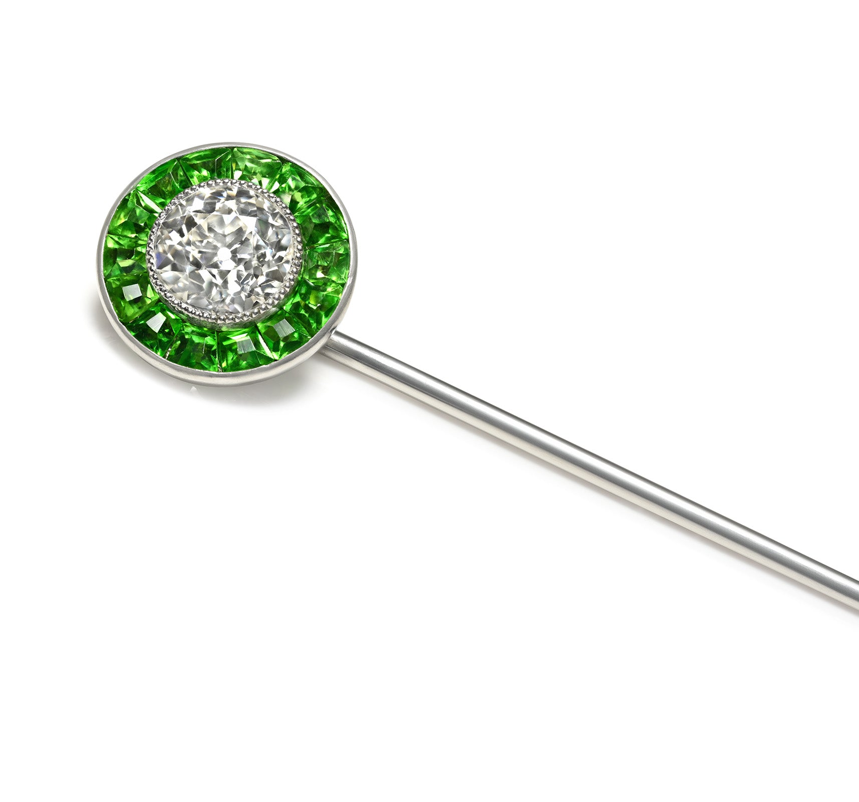 Charlton & Co. Art Deco Diamond and Demantoid Garnet Stick Pin