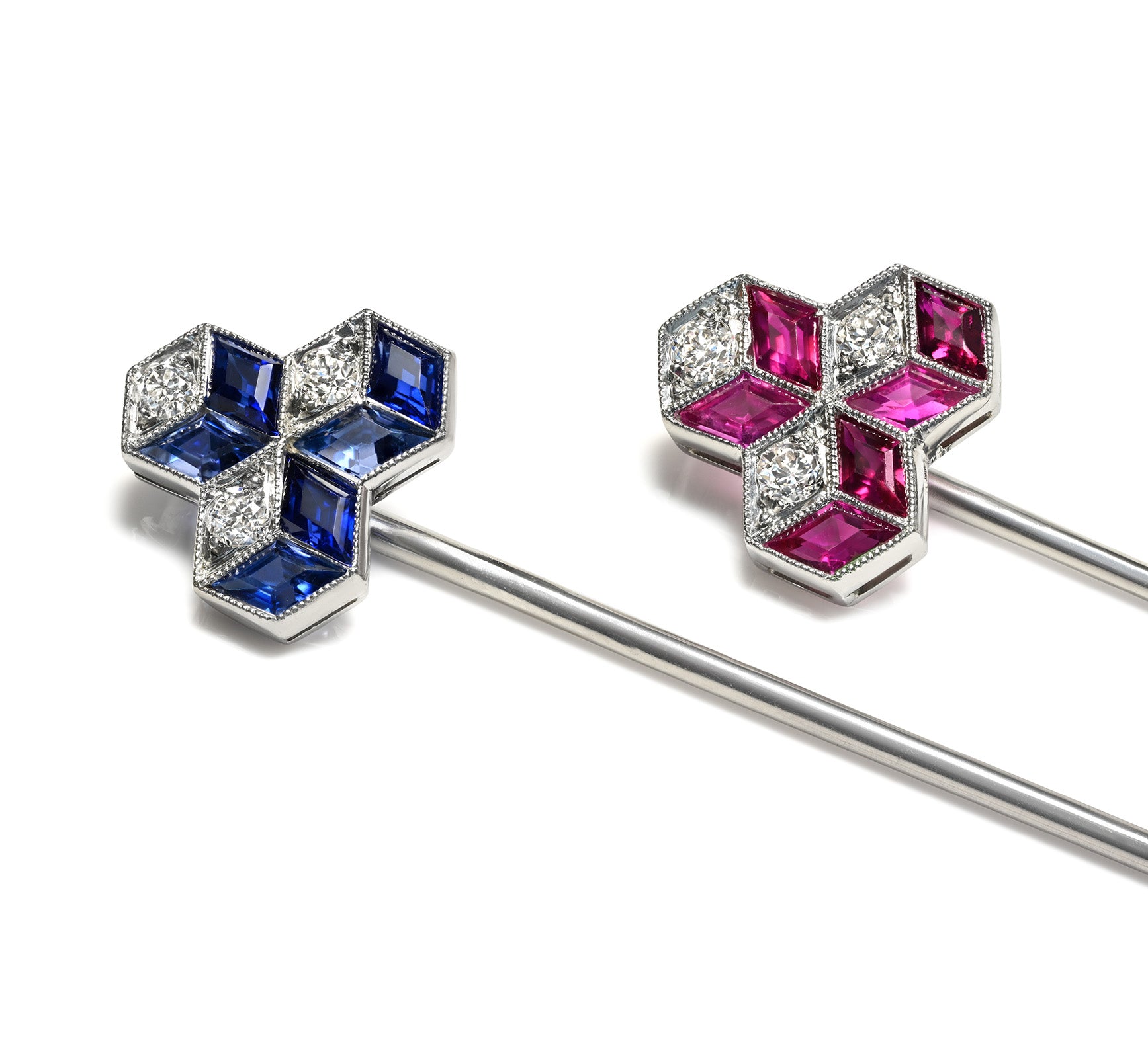 Charlton & Co. Art Deco Diamond Ruby Sapphire Stick Pins