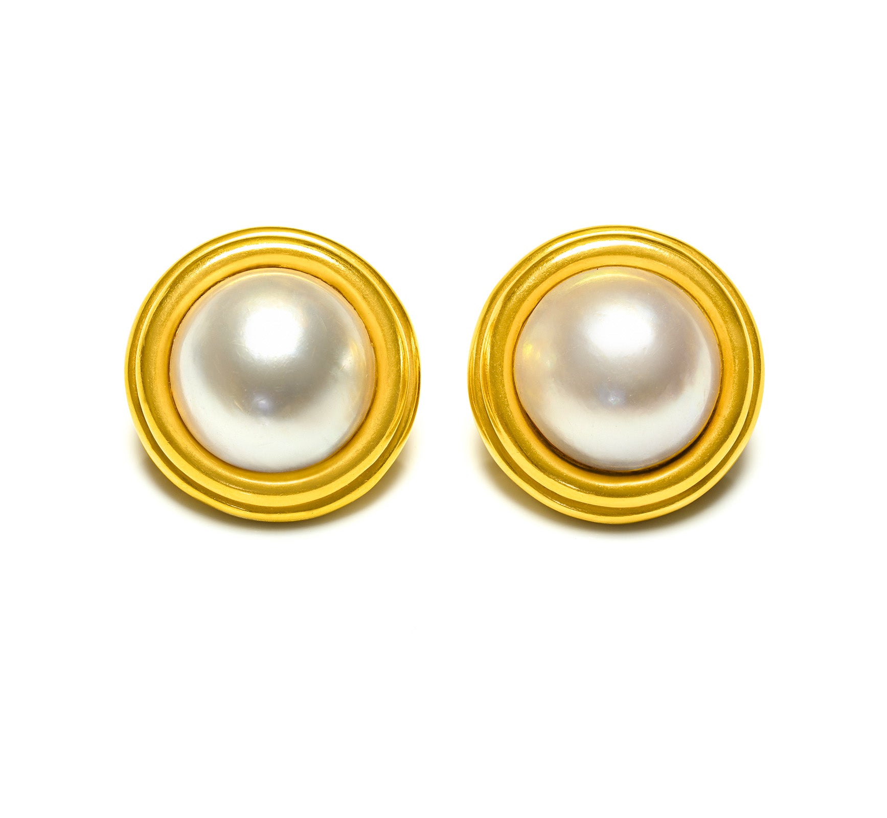 David Webb Signed Mabe Pearl Earrings in 18K Yellow Gold