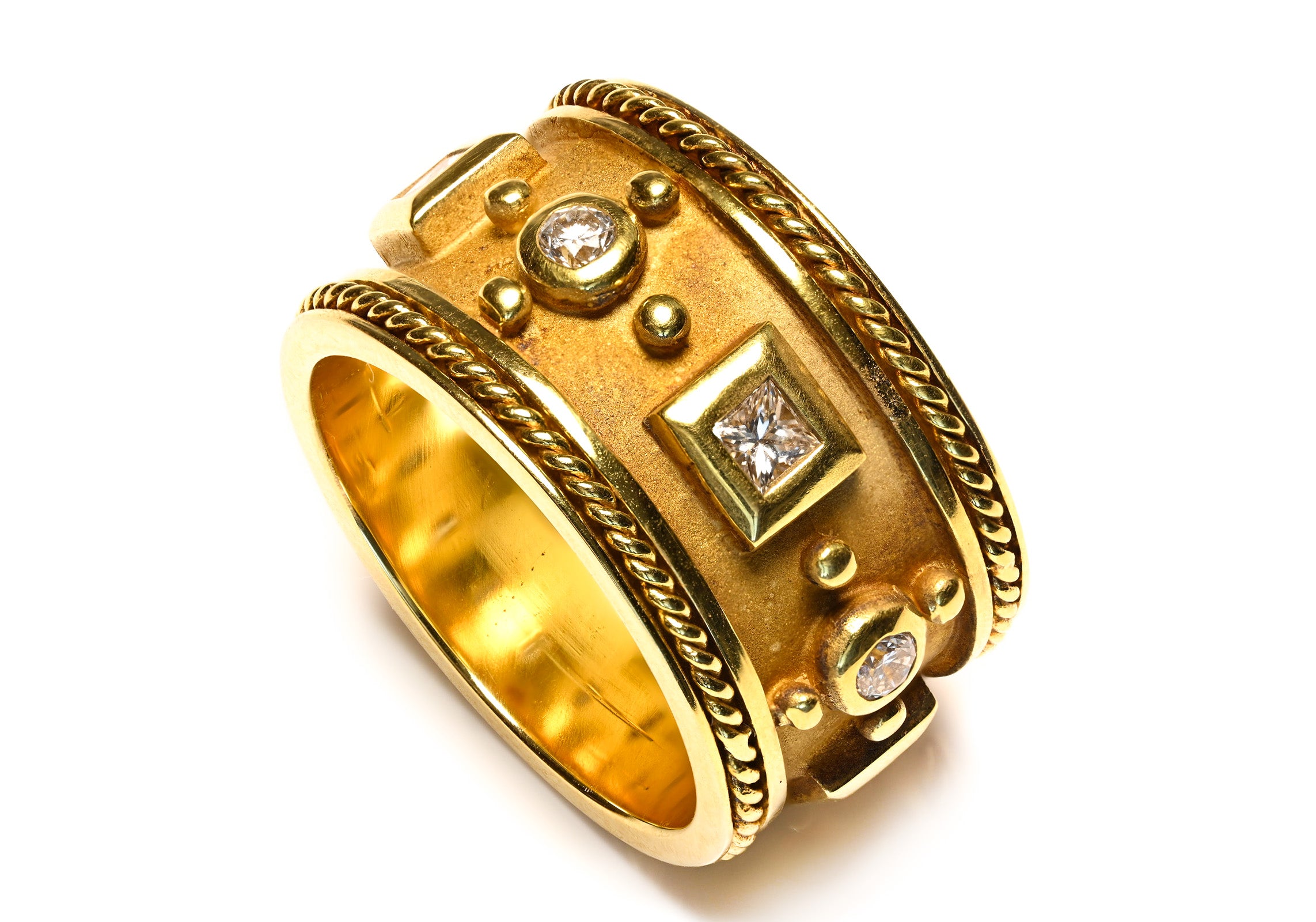 Diamond 14K Yellow Gold Textured Wide Band Ring by Raymond Mazza