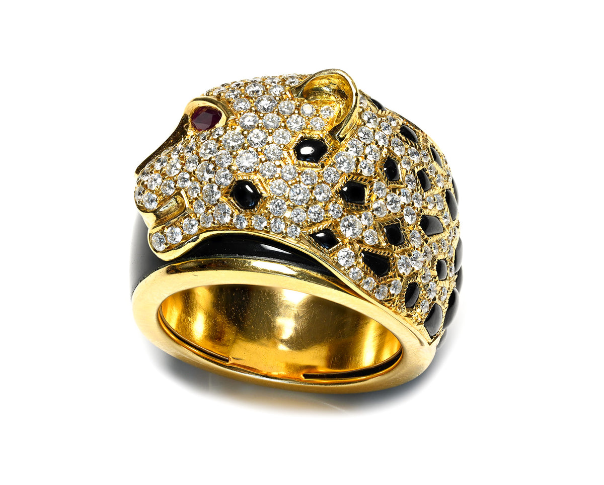 Ring Diamond, Ruby and Onyx 18K Gold Cheetah or Leopard