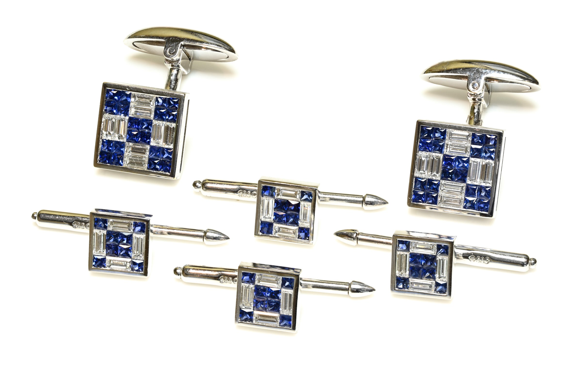 Diamond Sapphire 18K Gold Dress Set Cufflinks 4 Studs