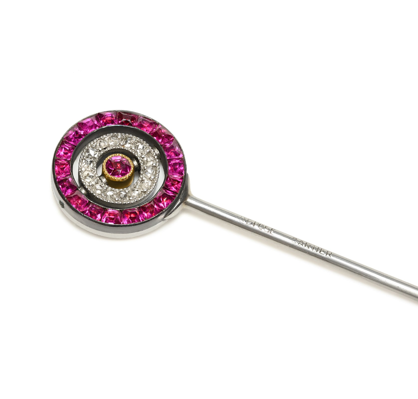 Cartier Ruby Platinum Diamond Reversible Swivel Stick Pin Depose