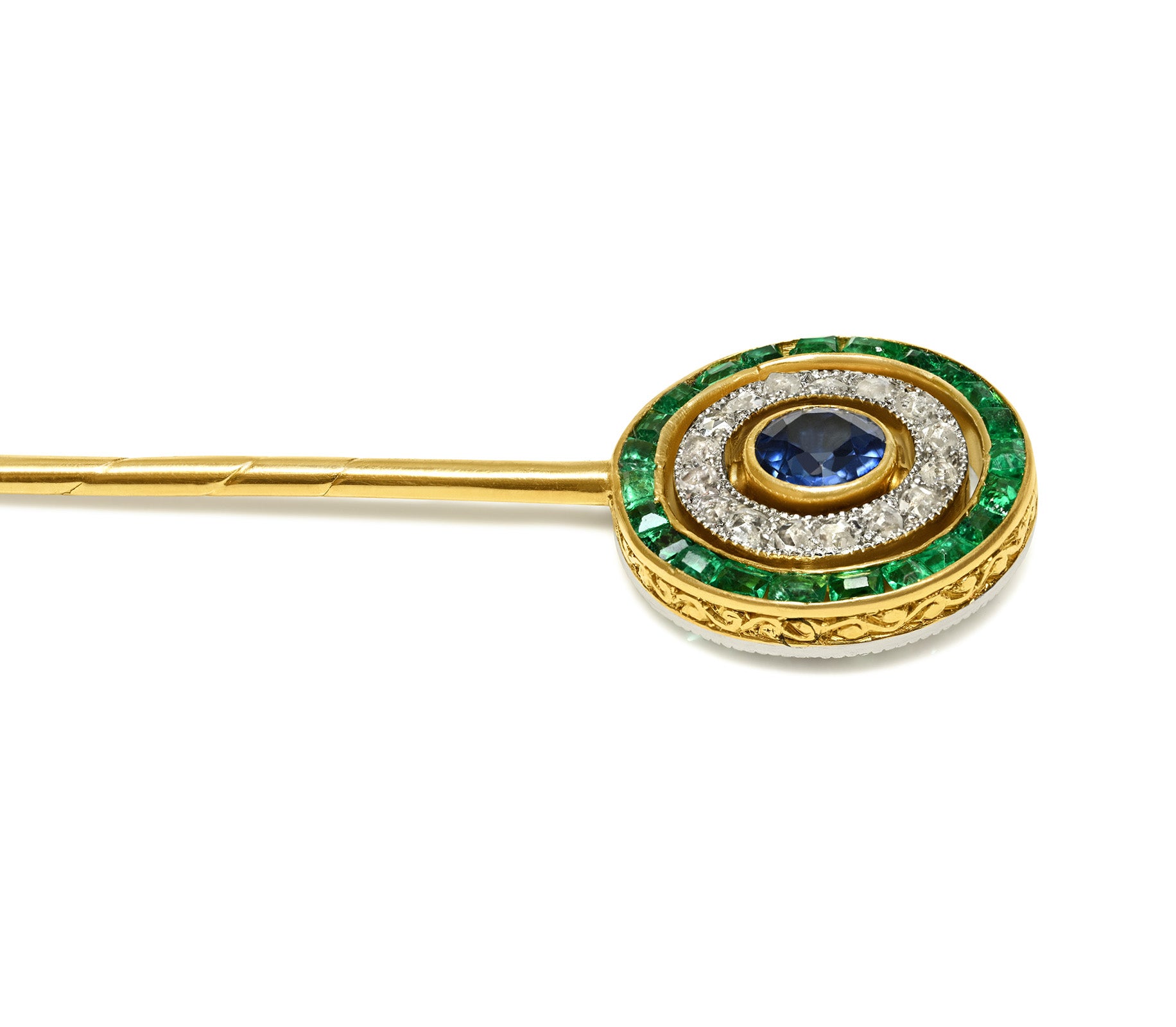 Edwardian Engraved Emerald Sapphire Diamond Swivel Stick Pin in Gold