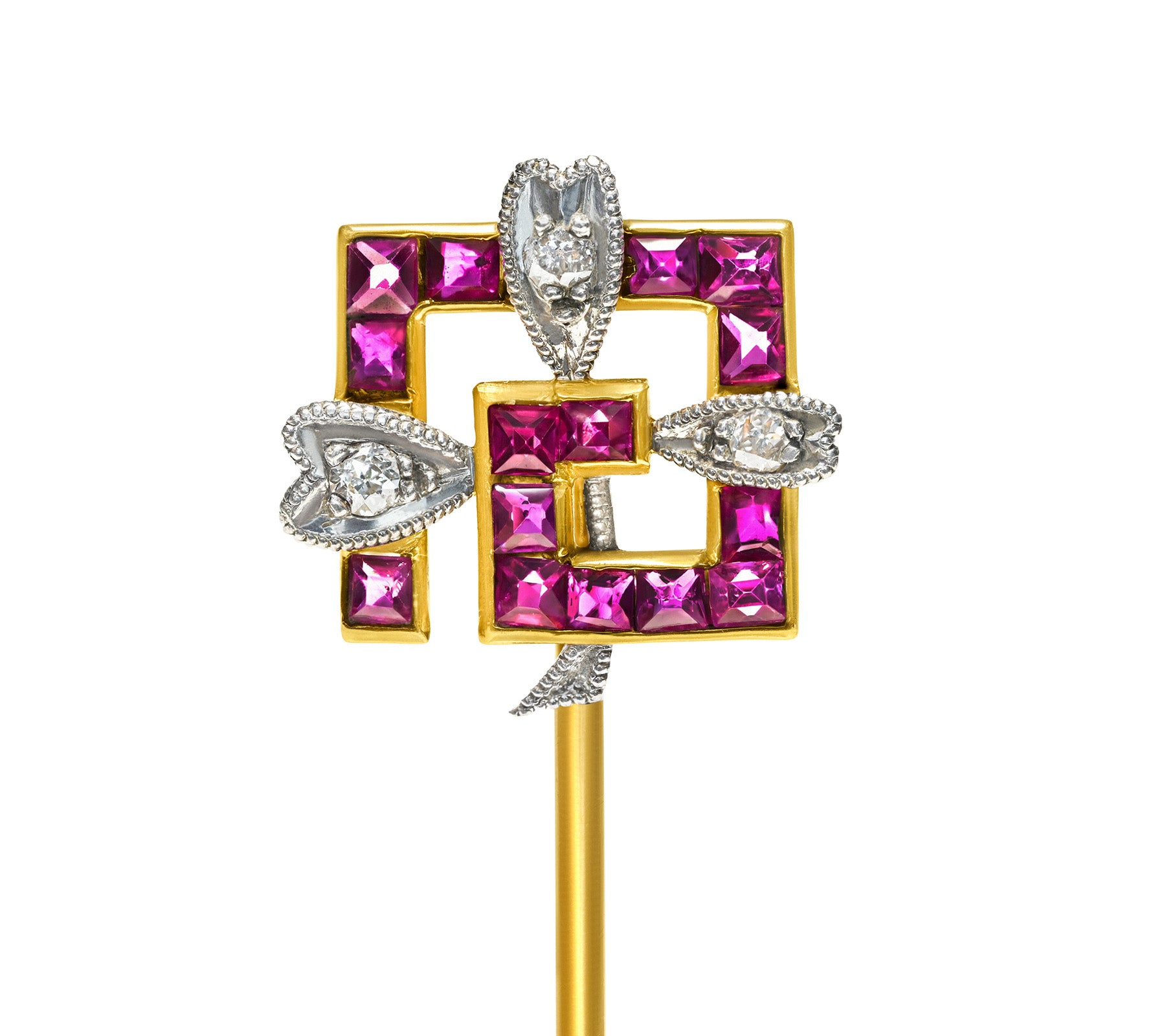 Art Deco Gold Platinum Calibre Ruby Diamond Geometric Stick Pin
