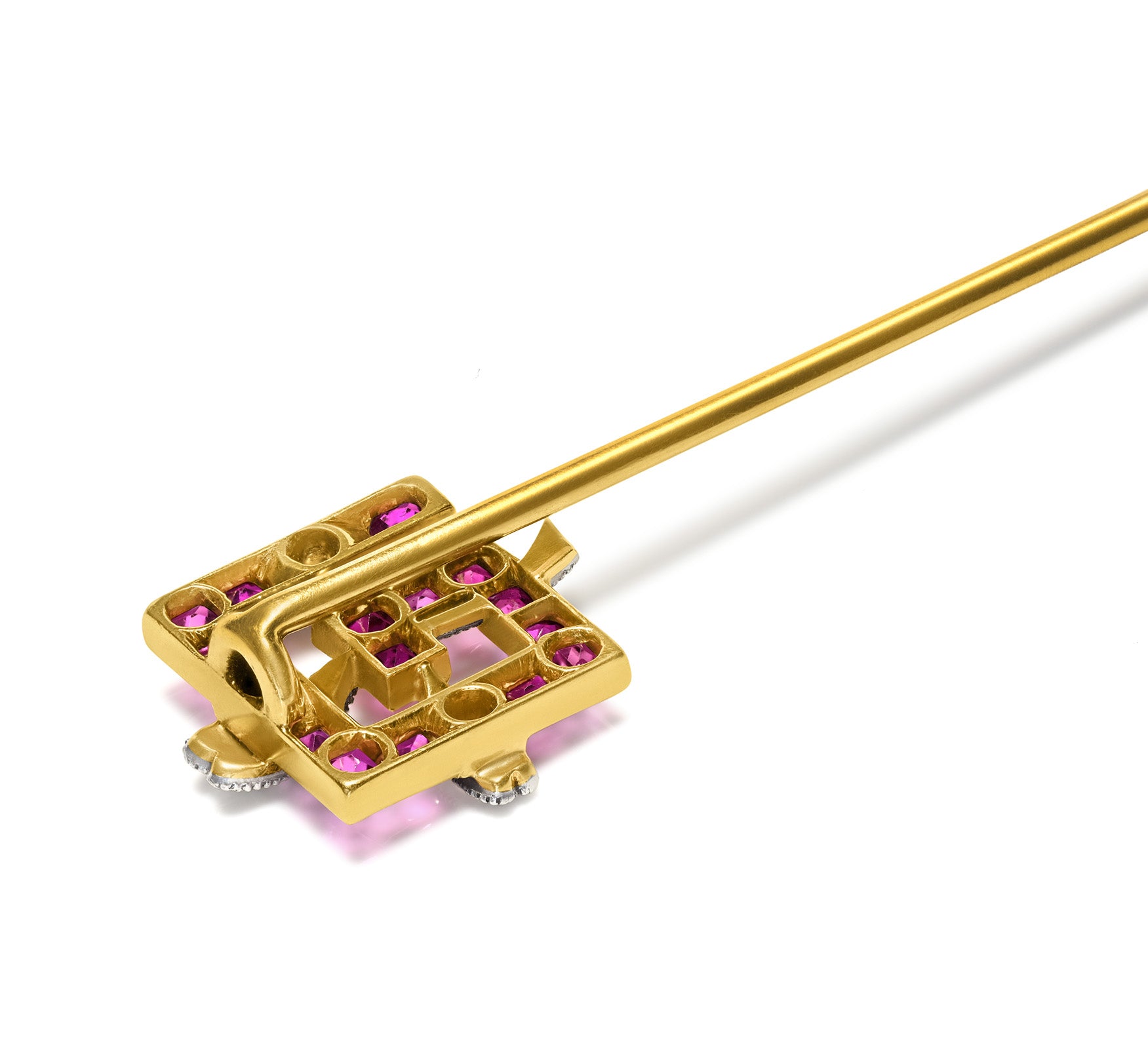 Edwardian to Art Deco Gold Ruby Diamond Geometric Stick Pin