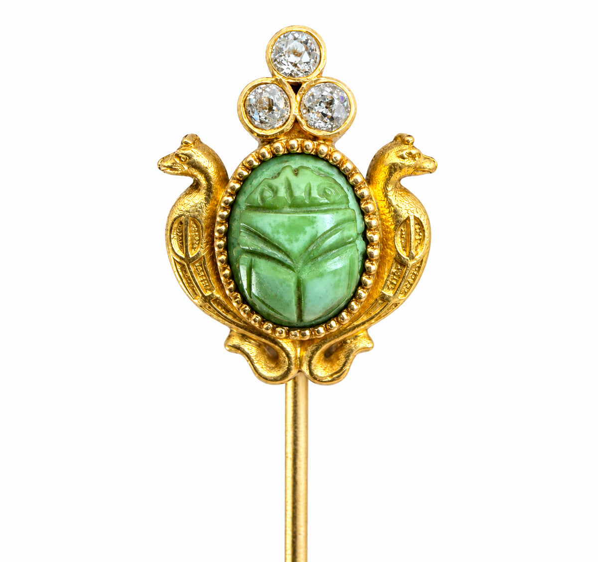 Egyptian Revival Carved Turquoise Scarab and Diamond Gold Stick Pin