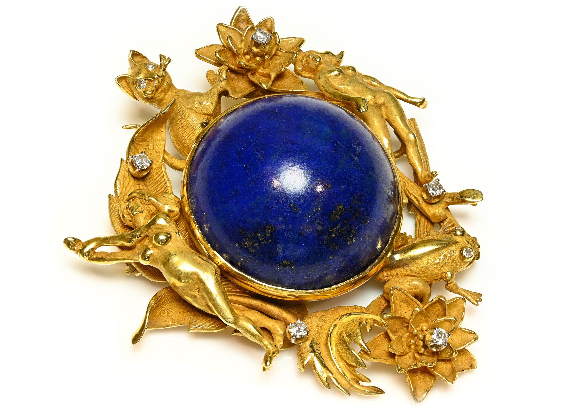 Erwin Pearl Lapis Lazuli Diamond 18K Gold Figural Pendant Brooch