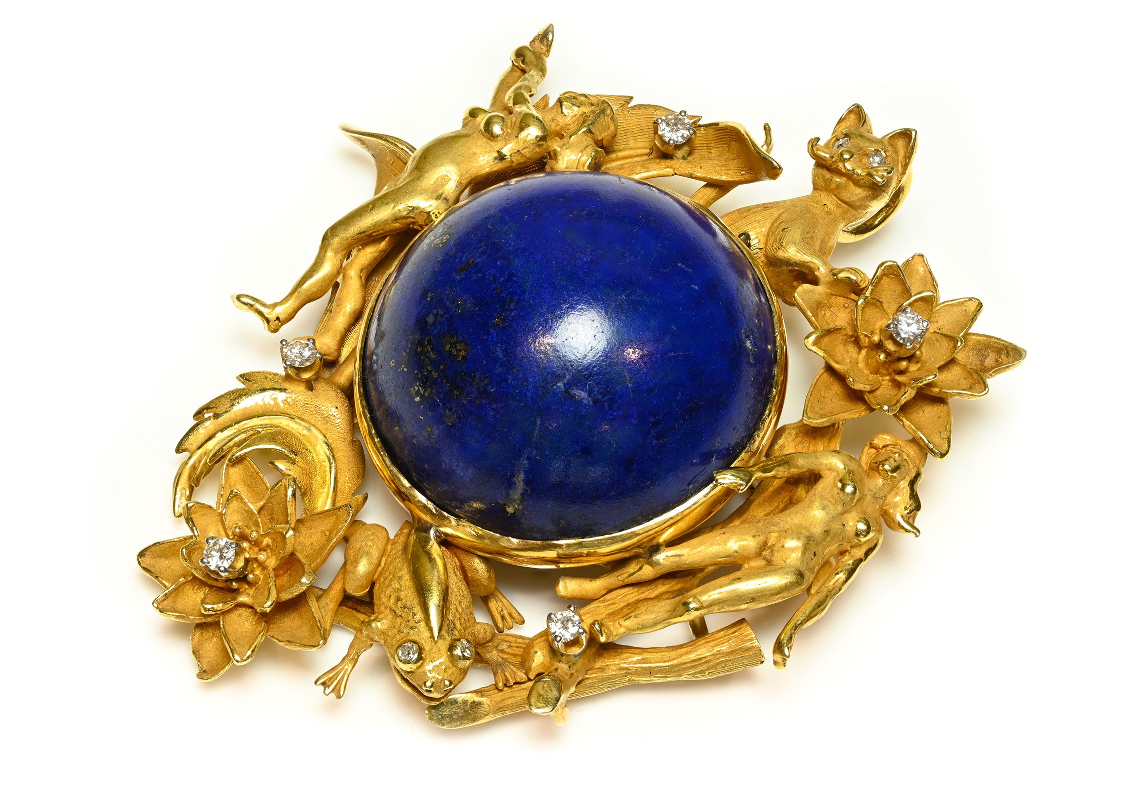 Erwin Pearl Lapis Diamond 18K Gold Cat Pendant Brooch