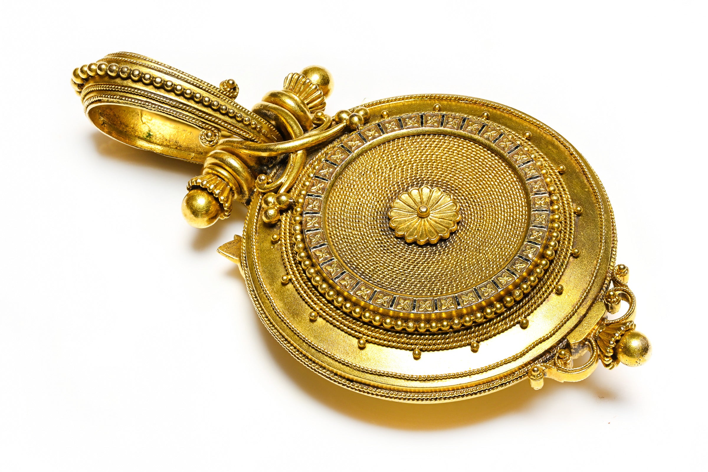 Eugène Fontenay 18K Gold Enamel Diamond Etruscan Revival Locket Pendant Antique