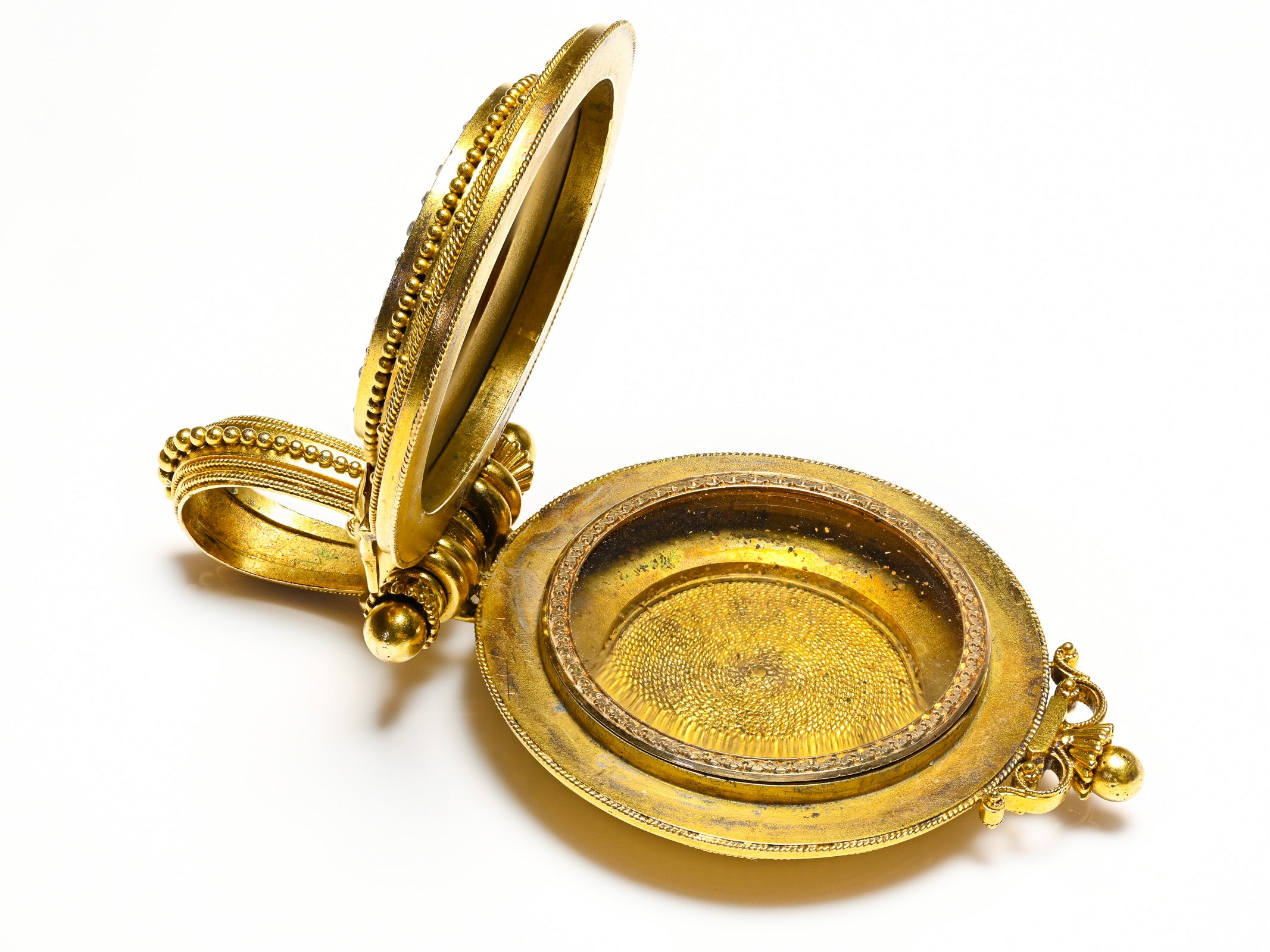 Eugène Fontenay 18K Gold Enamel Diamond Etruscan Revival Locket Pendant French