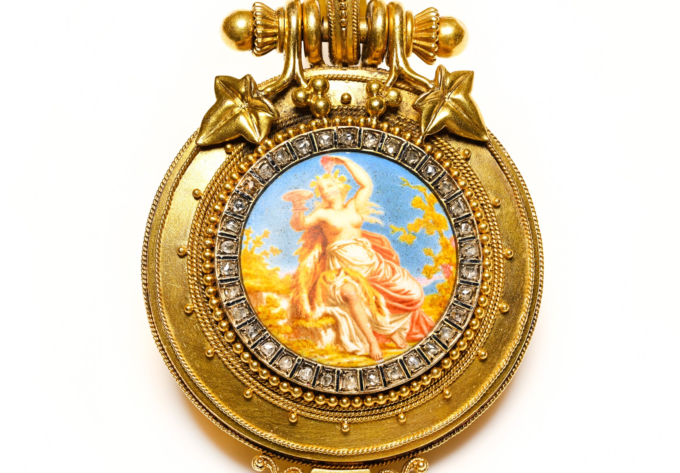 Eugène Fontenay 18K Gold Enamel Diamond Etruscan Locket Pendant
