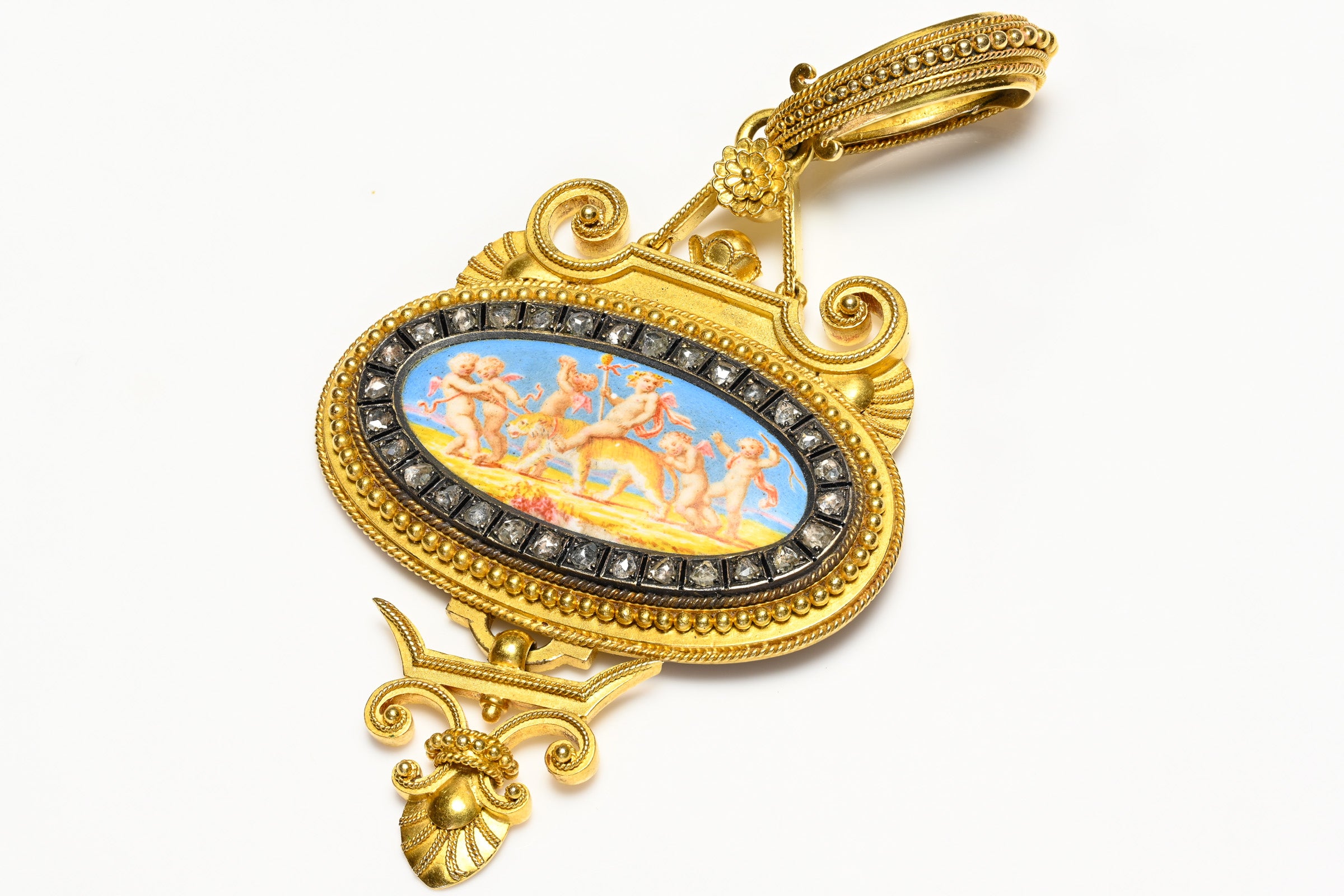 Eugène Fontenay Gold Enamel Diamond Cherub Pendant
