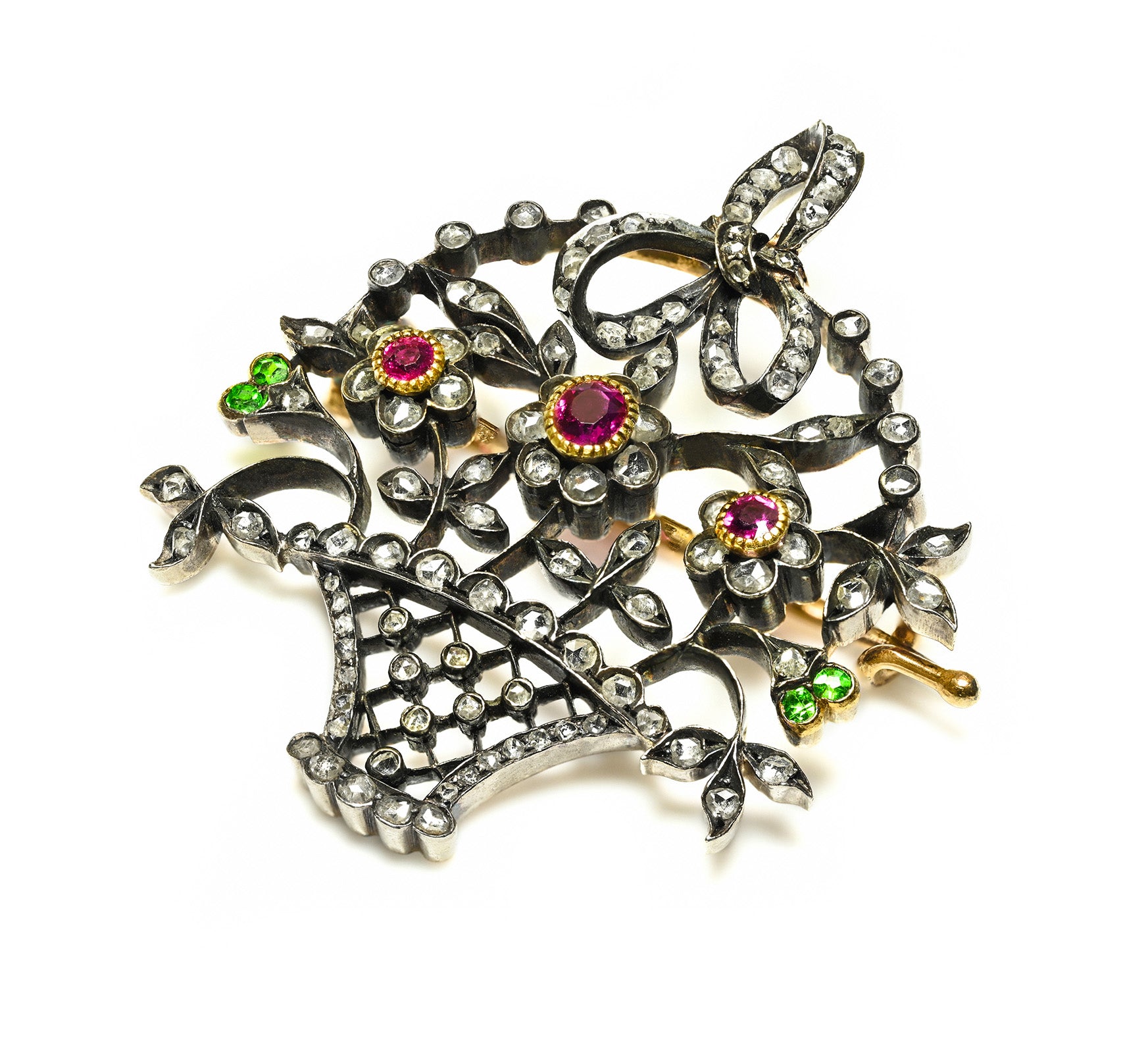 Fabergé Antique Ruby Diamond Demantoid Basket Brooch by August Holmstrom