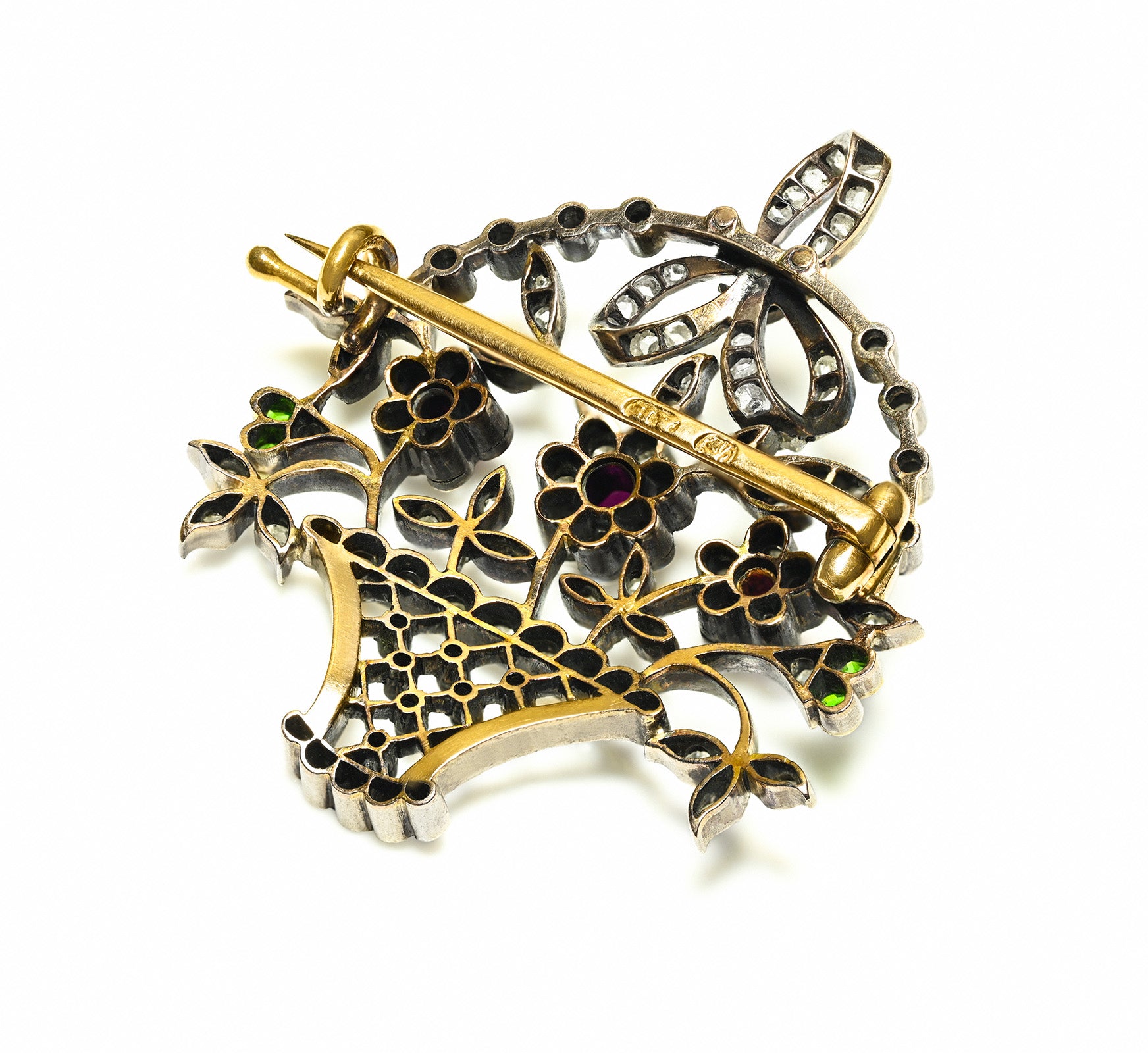 Fabergé Antique Ruby Diamond Demantoid Basket Brooch by August Holmstrom