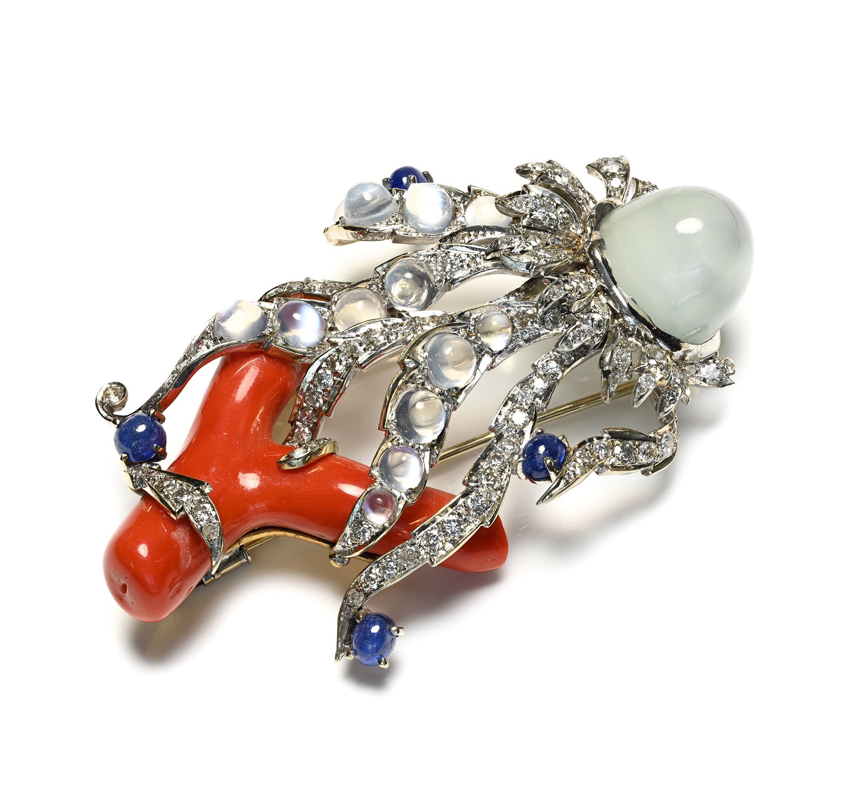 Fantasy Undersea Creature Coral, Moonstone, Sapphire and Diamond Brooch