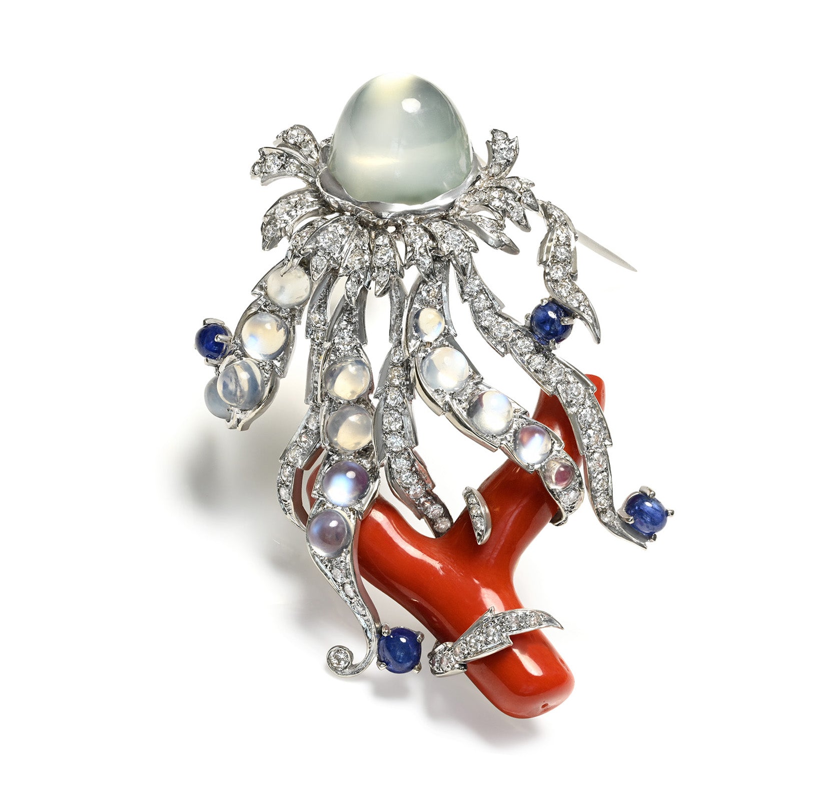 Unique Fantasy Undersea Creature Coral Moonstone Sapphire Diamond Brooch