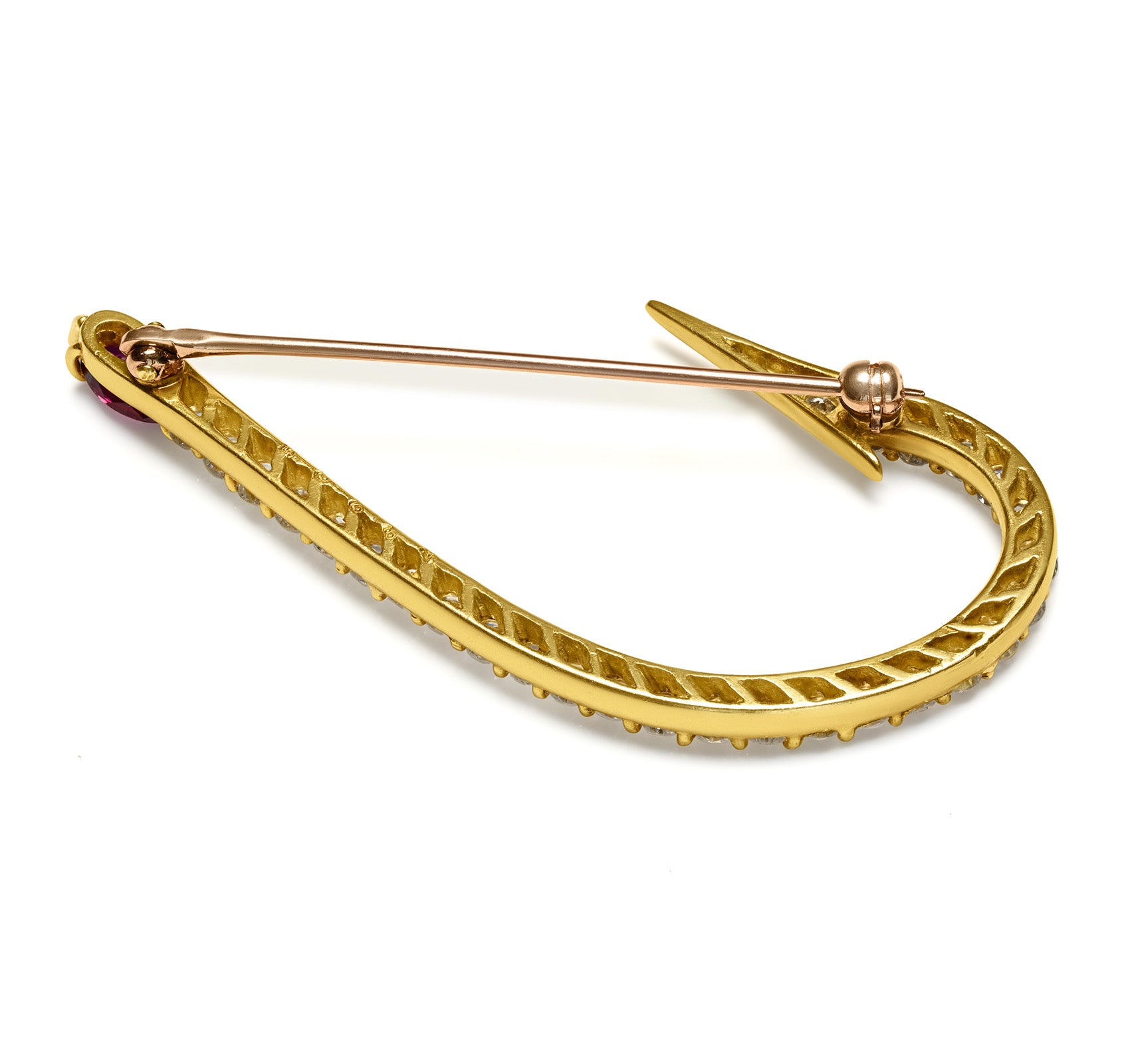 Vintage Fish Hook Brooch with Ruby and Diamonds in 18K Yellow Gold
