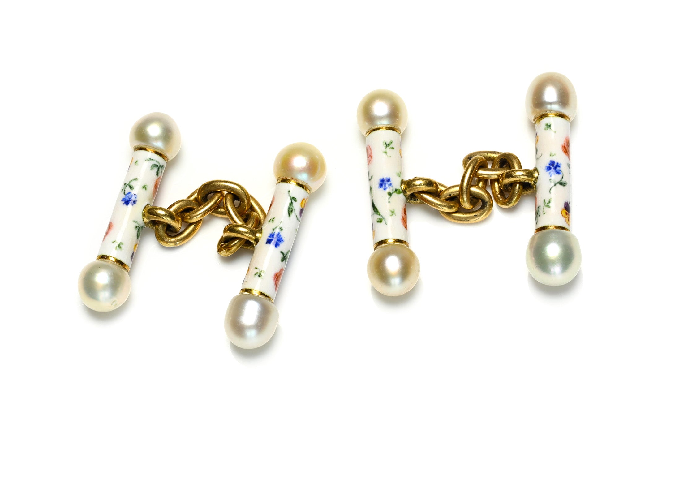 French Antique Natural Pearl Enamel 18K Gold Bar Cufflinks