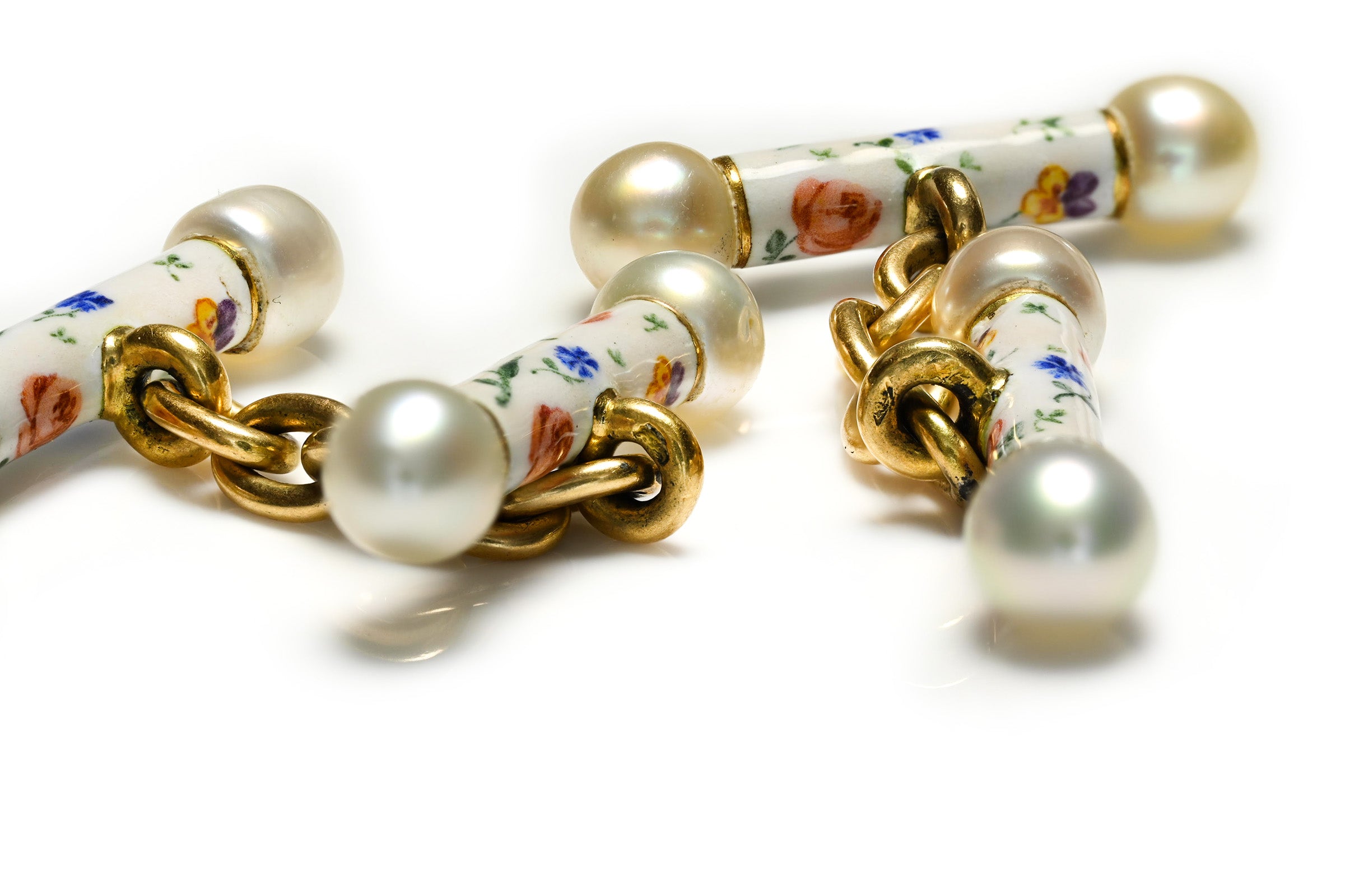 French Hallmark Antique Natural Pearl Floral Enamel 18K Gold Bar Cufflinks