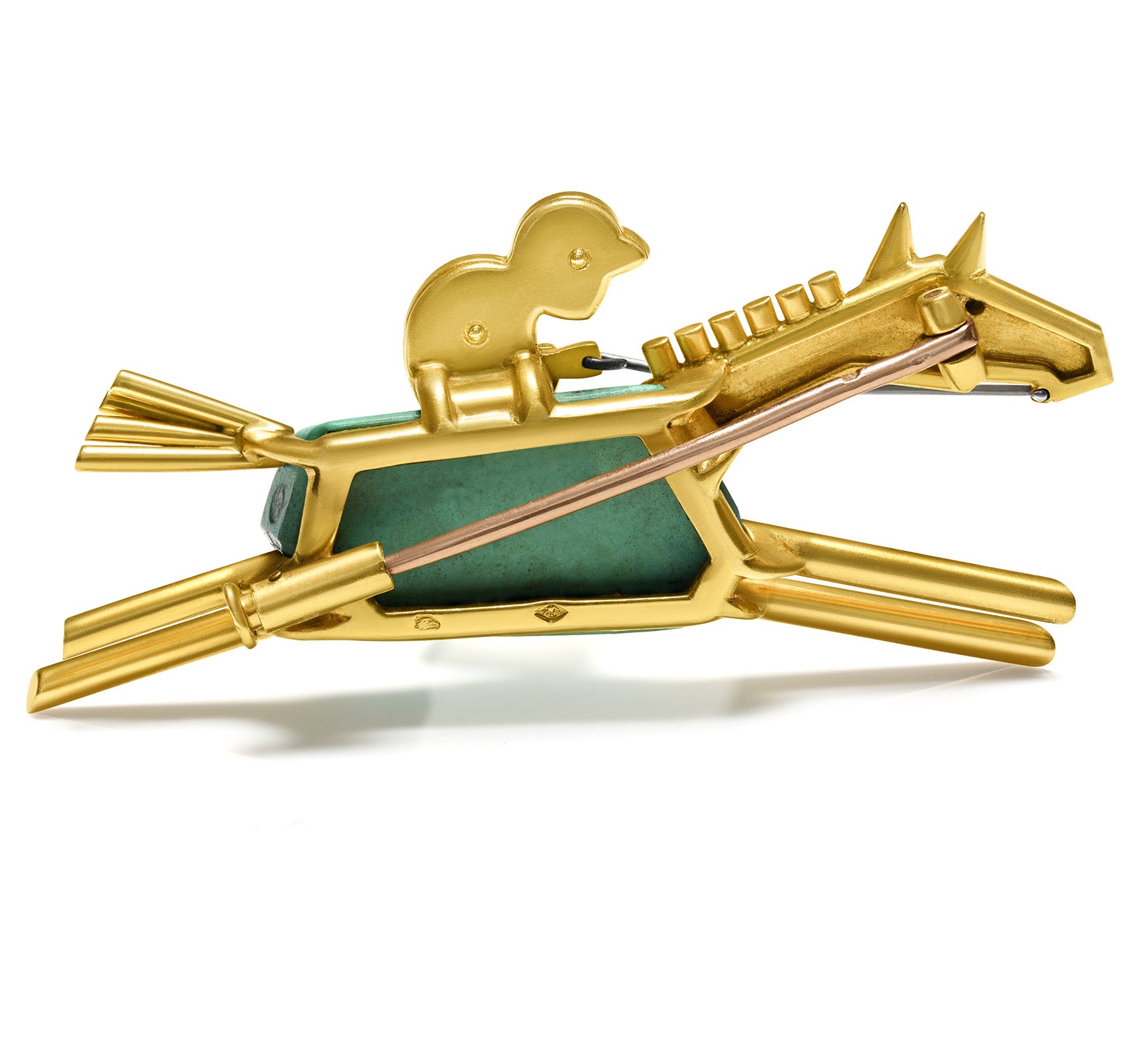 French Art Deco 18K Gold Turquoise and Horse Jockey Brooch Hallmark