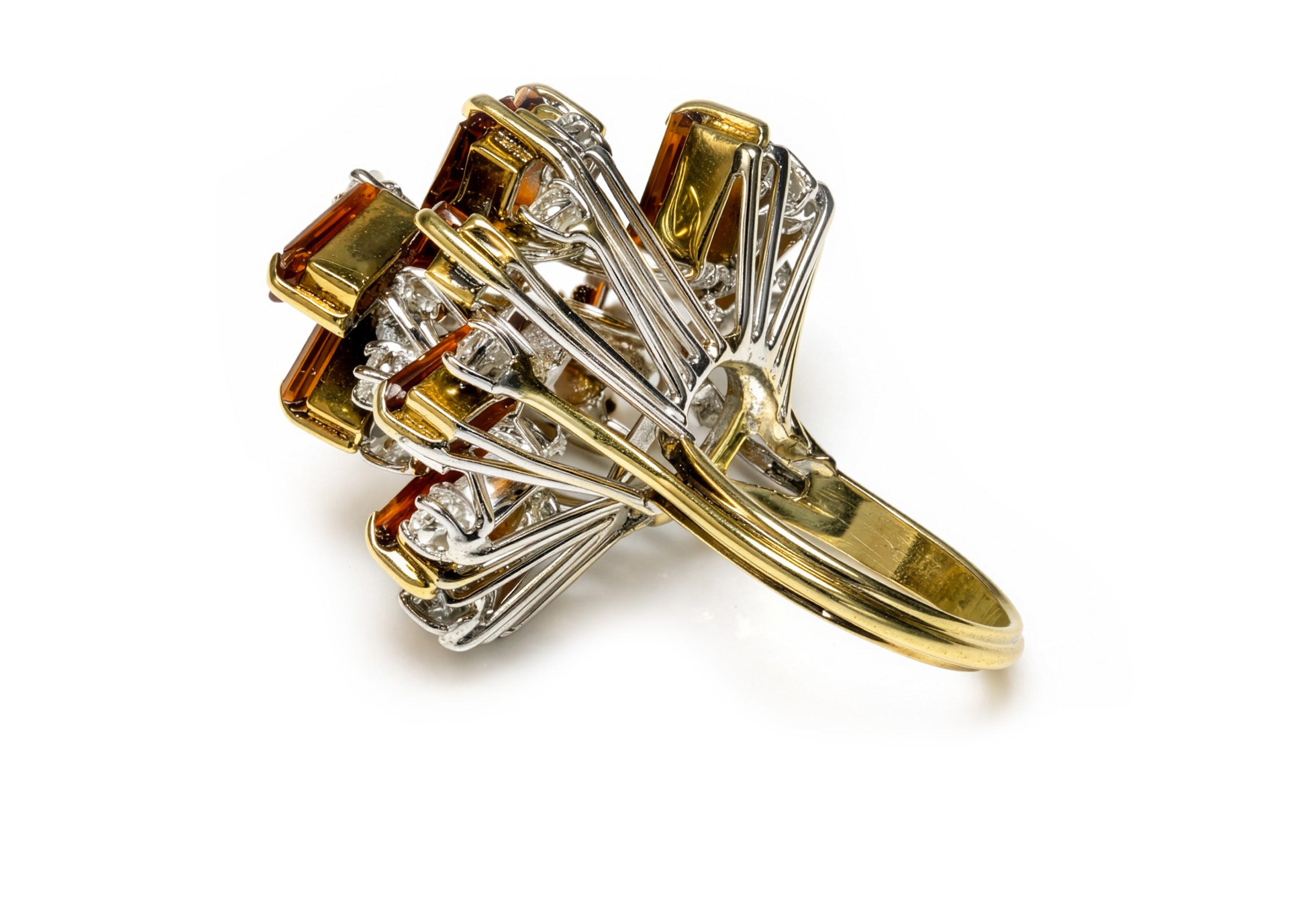 Vintage 18K Gold Spessartite Garnet Diamond Modernist Cocktail Ring