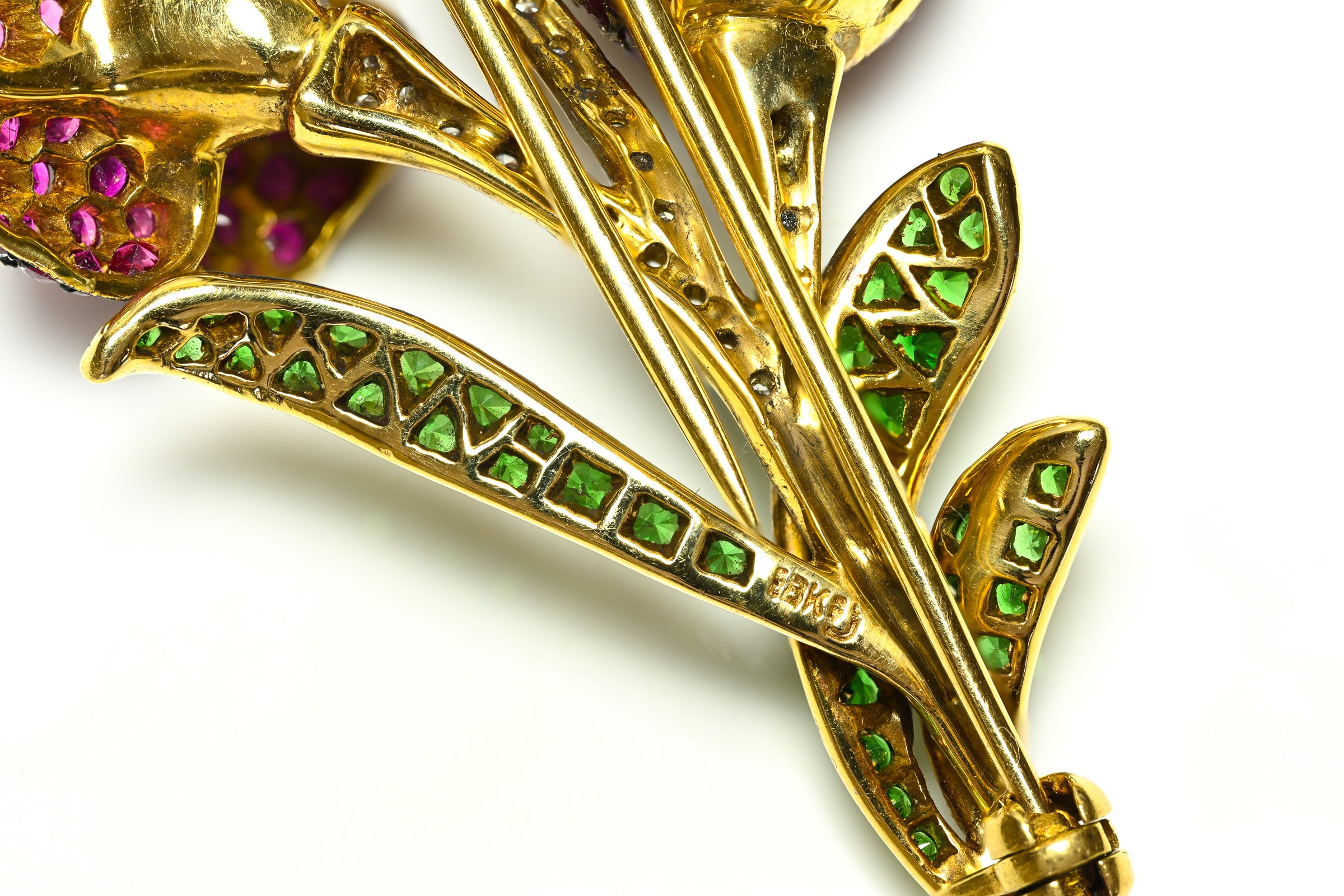 Gemstone Ruby, Diamond & Tsavorite Brooch in 18K Gold