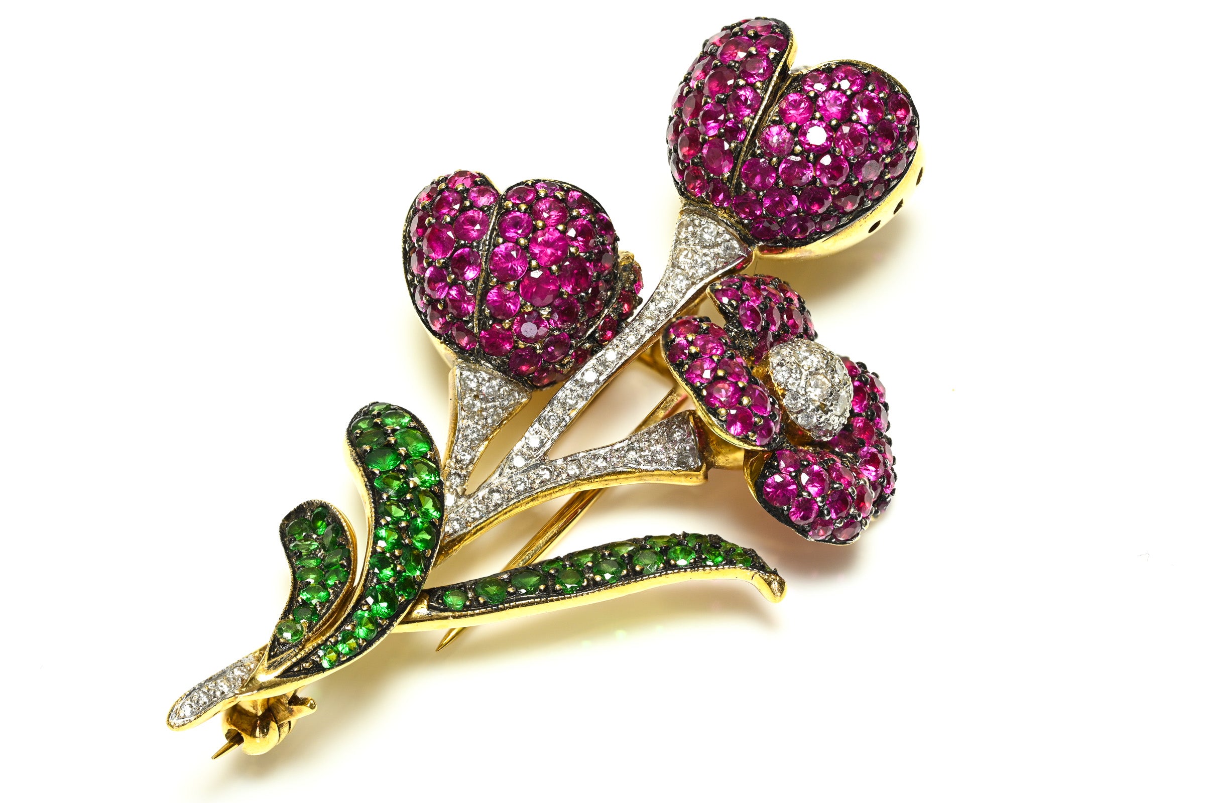 Ruby, Diamond & Tsavorite Flower Brooch in 18K Gold
