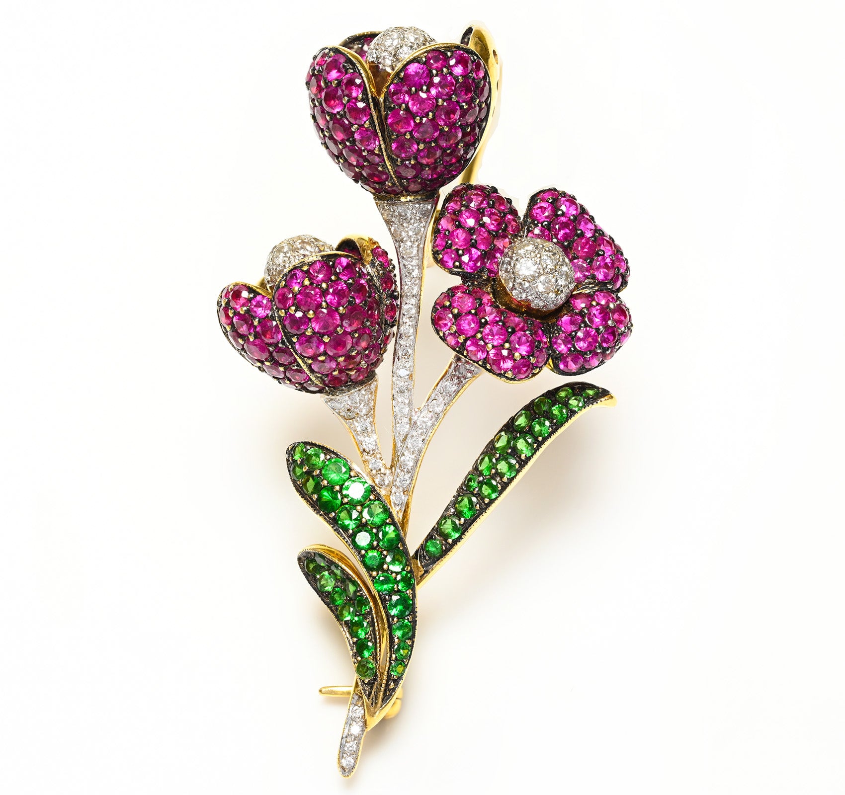 Gemstone Ruby, Diamond & Tsavorite 18K Flower Brooch