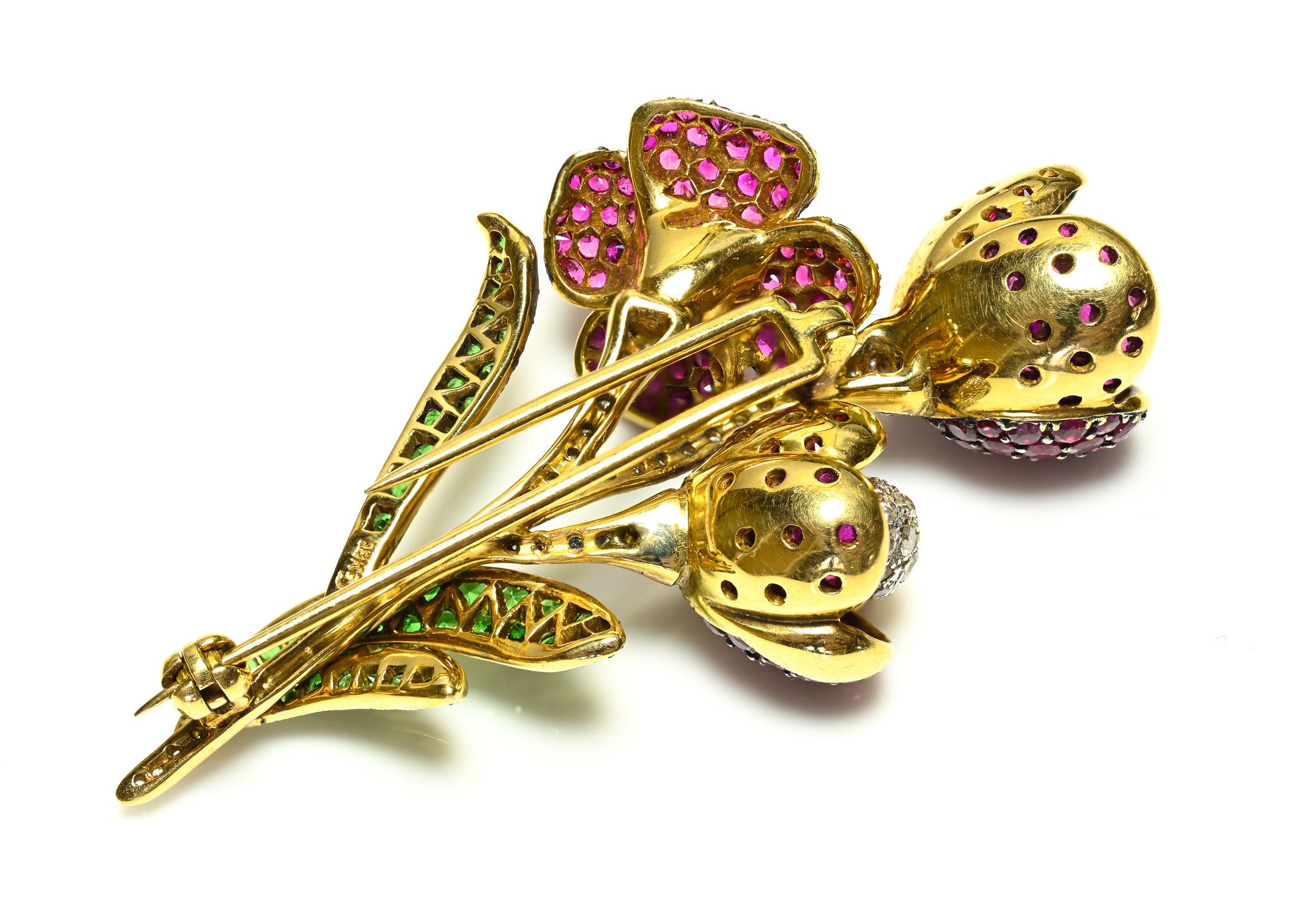 Gemstone Ruby, Diamond Tsavorite Flower Brooch in 18K Yellow Gold