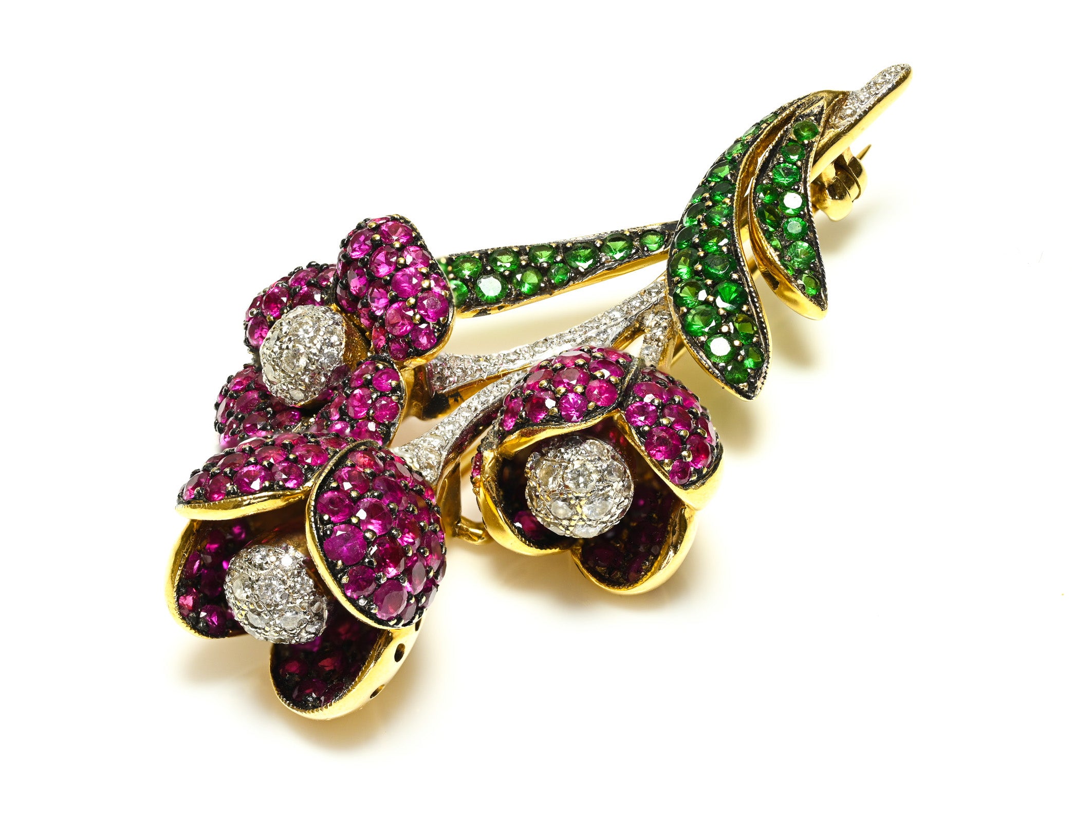 Tsavorite Diamond Ruby Brooch 18K Gold