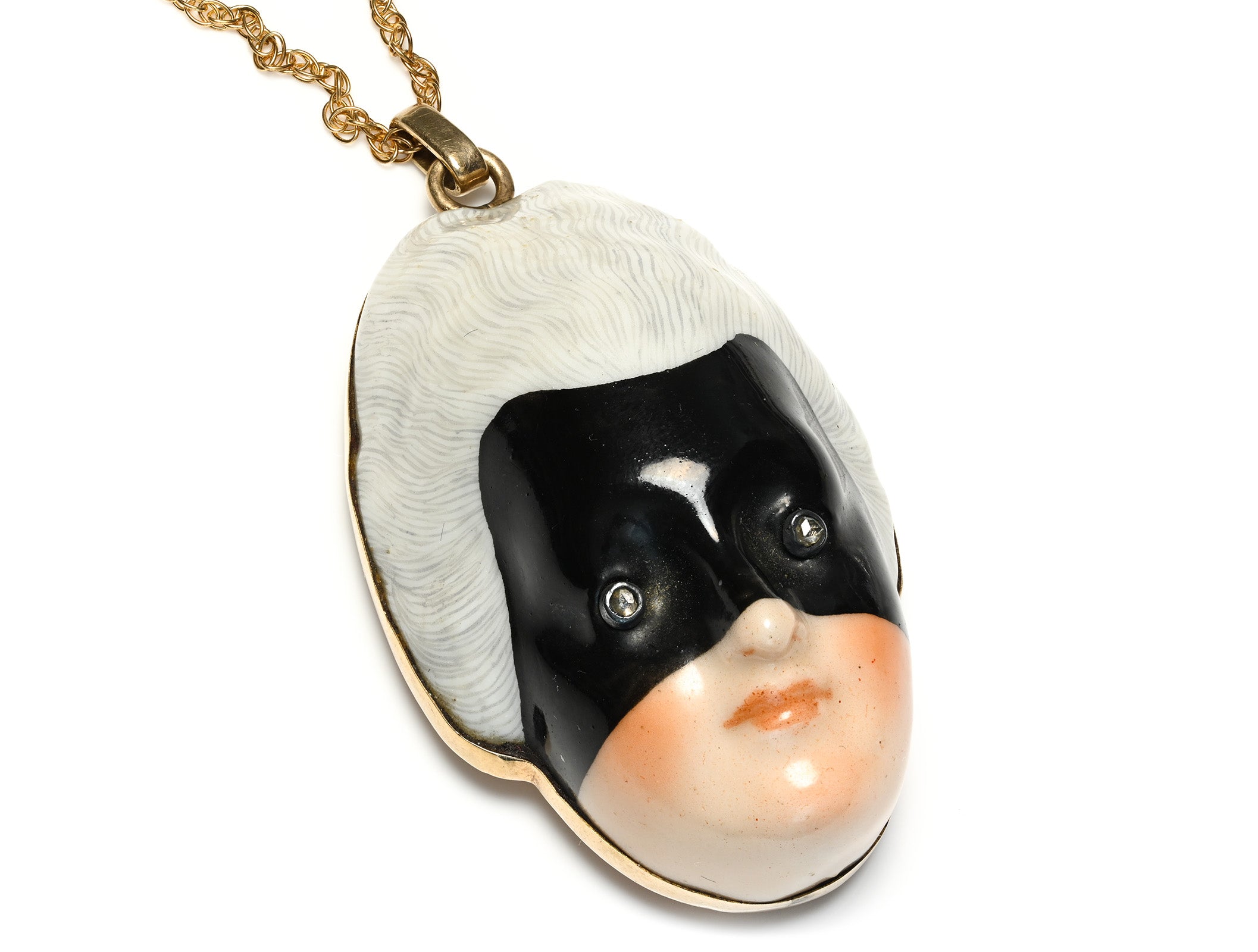 Georgian Gold Porcelain Masked Lady Patch Box Pendant