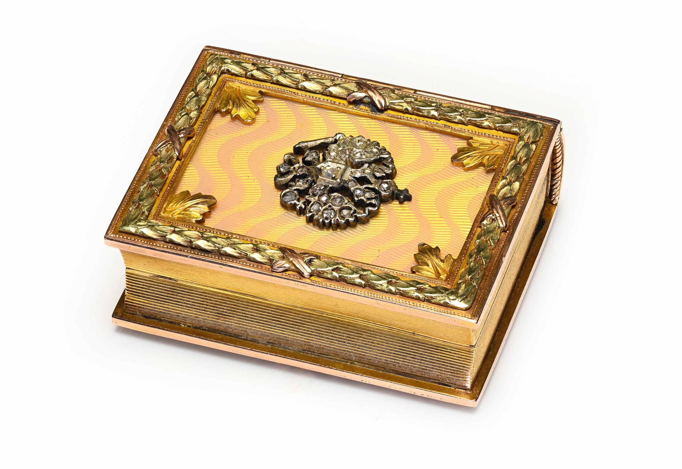 Antique Miniature Book Box in 18K Gold Diamond Crown Guilloché Enamel