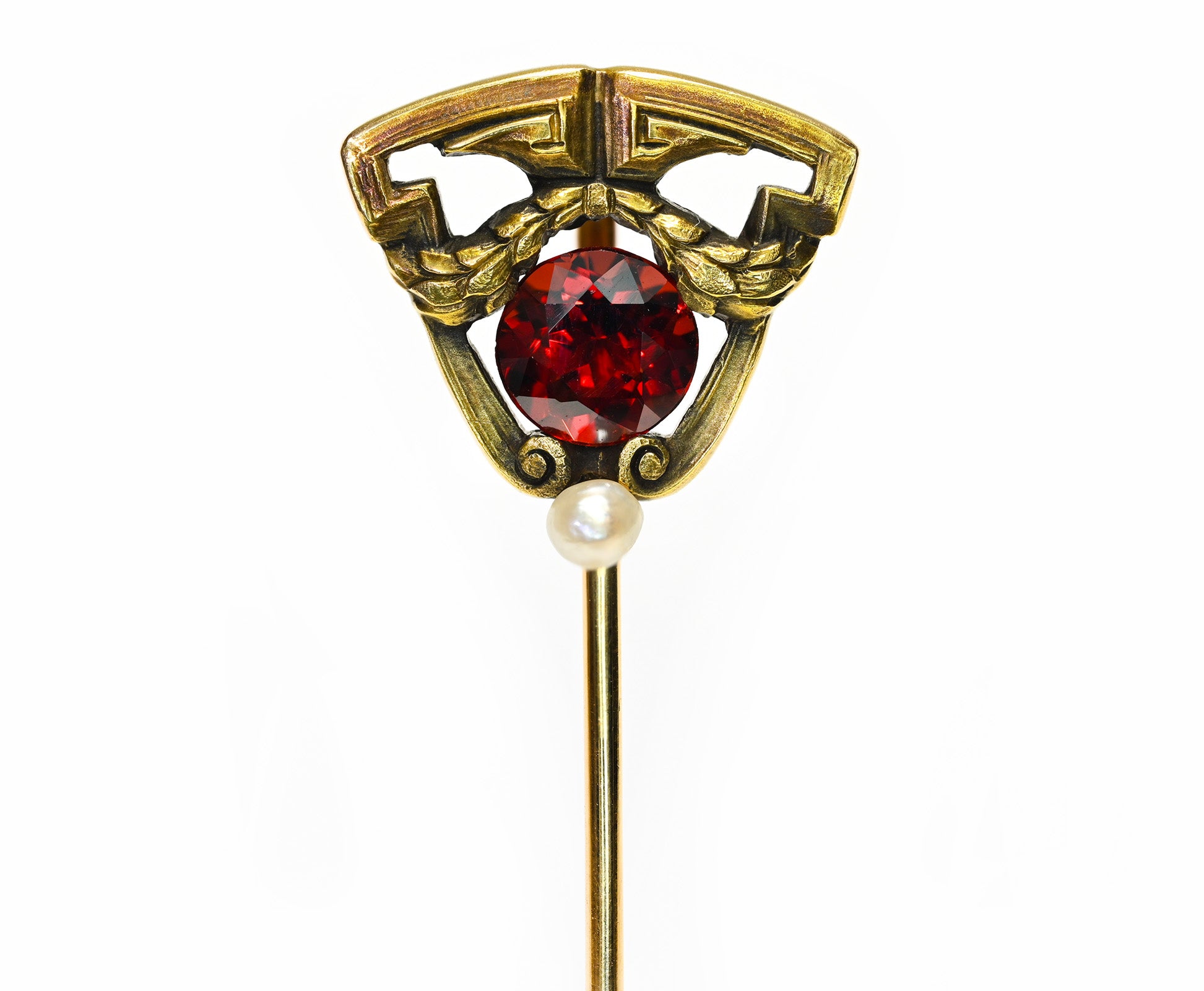 Hans Brassler Gold Stick Pin Garnet Pearl