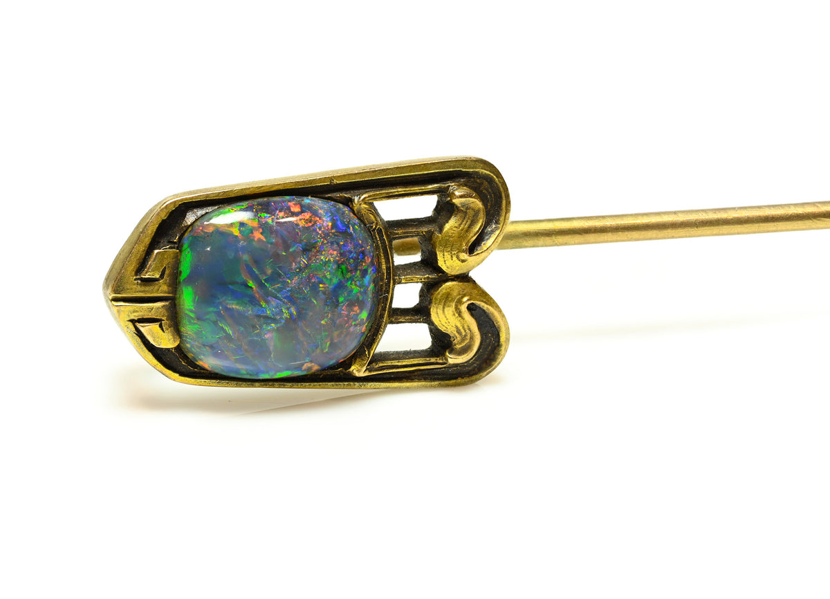 Hans Brassler Art Nouveau Black Opal Stick Pin in 14K Gold