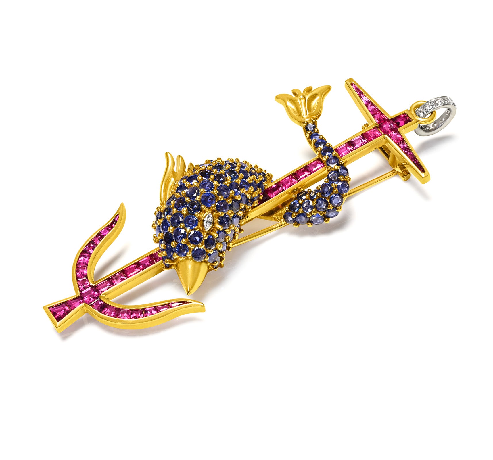 Helen Ringus Ruby Sapphire Diamond 18K Gold Dolphin Anchor Brooch