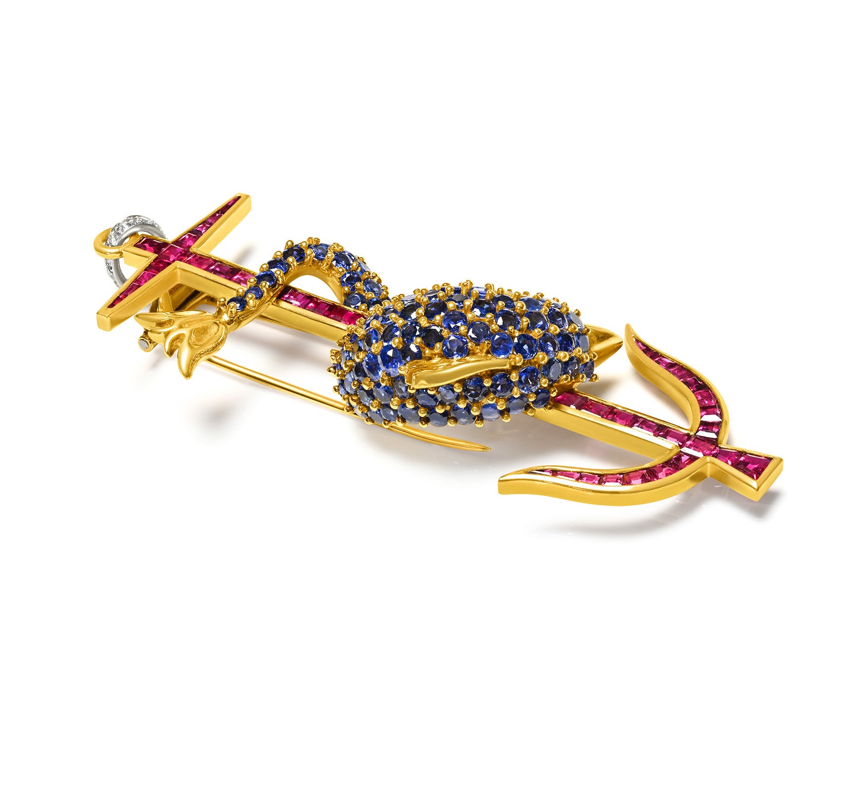 Ruby Sapphire Diamond 18K Gold Dolphin Anchor Pendant Clip Brooch