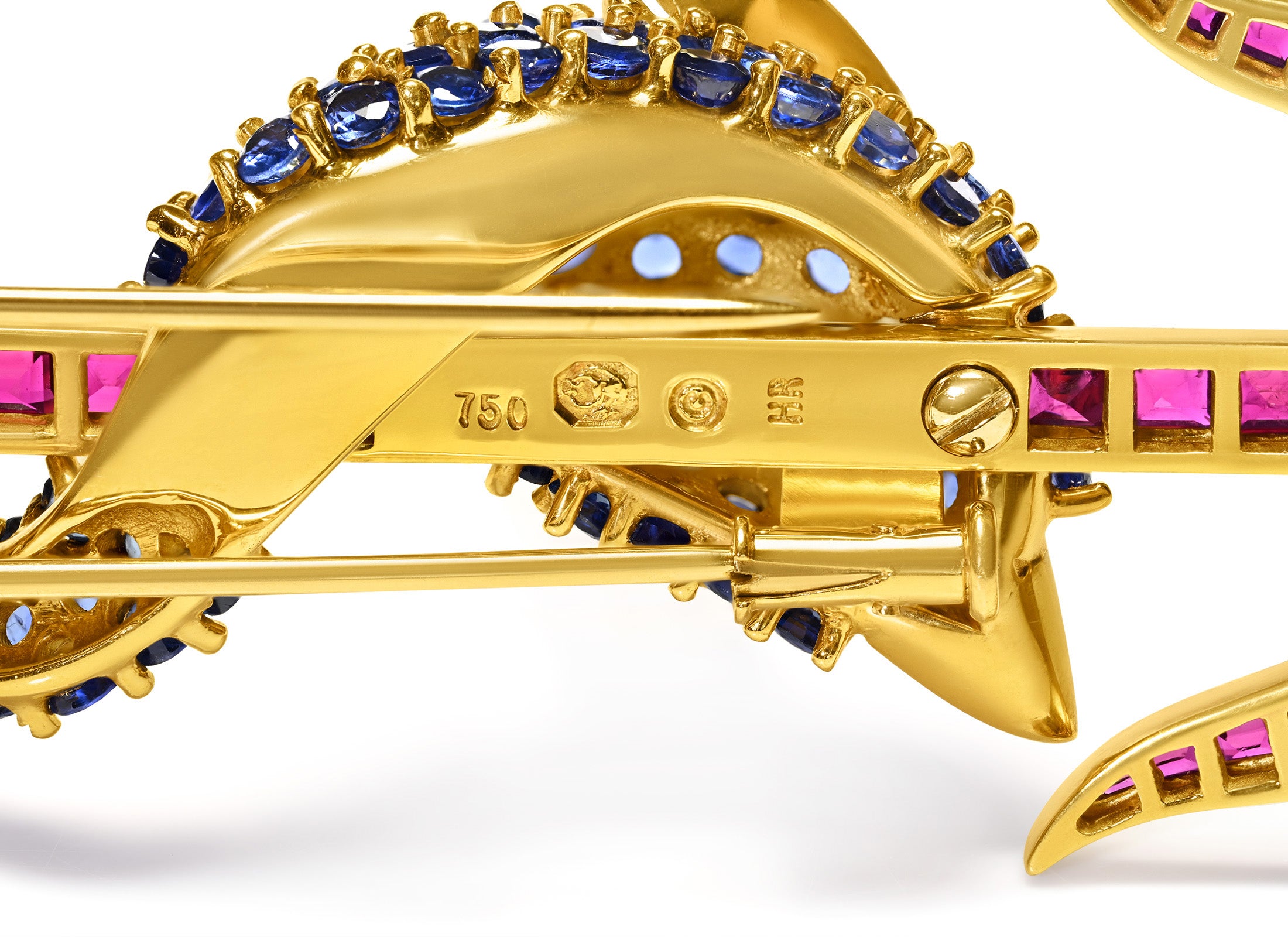 Helen Ringus Hallmark Ruby Sapphire Diamond 18K Gold Dolphin Anchor Pendant-Brooch