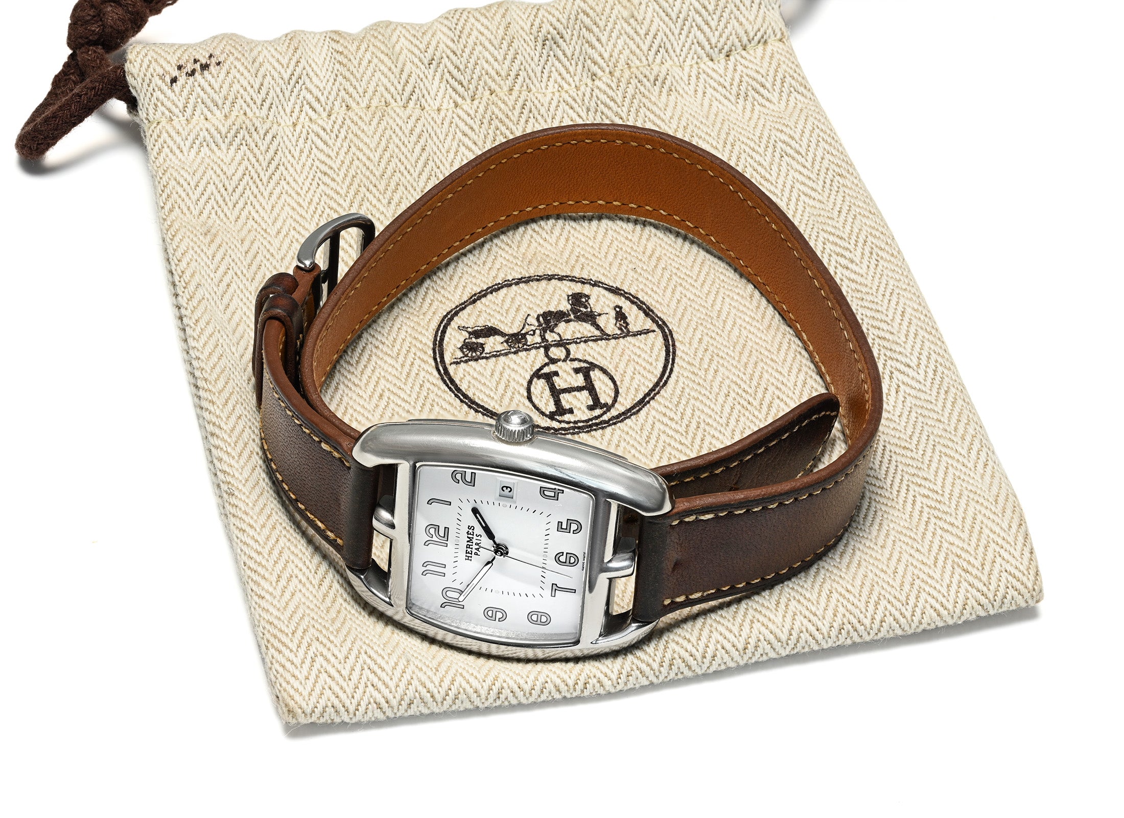 Hermès Cape Cod Tonneau Watch Double Tour Strap and Dust Bag
