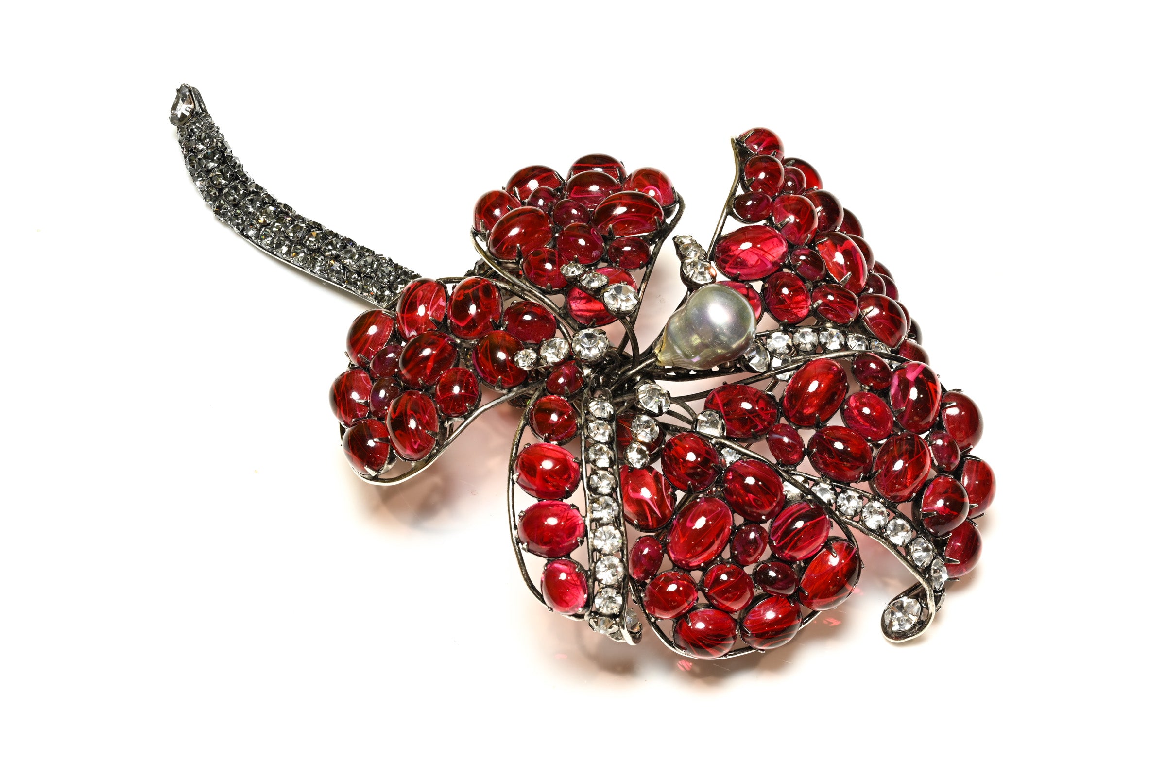 Iradj Moini Red Cabochon Glass Crystal Pearl Large Flower Brooch 2