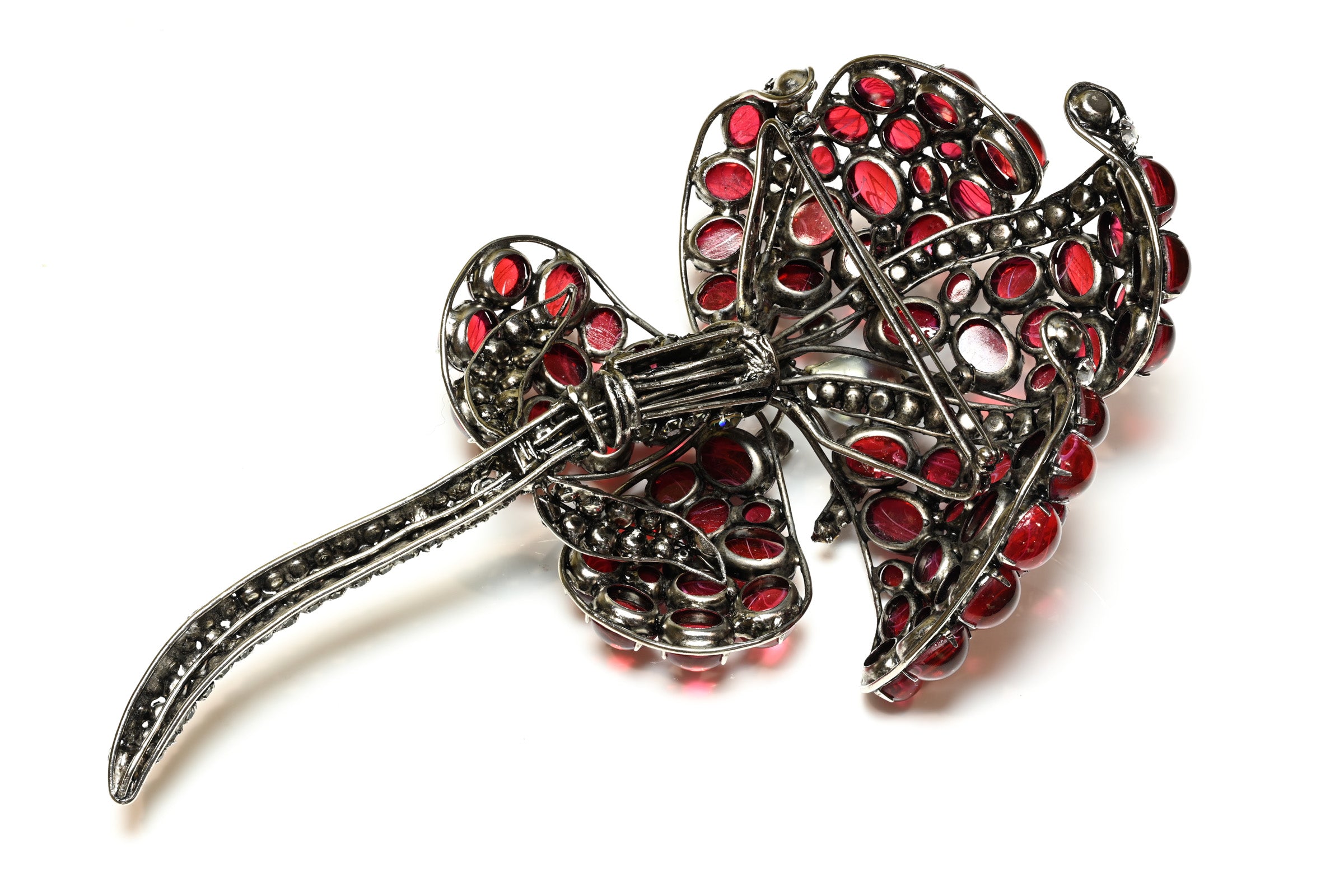 Iradj Moini Red Cabochon Glass Crystal Pearl Large Flower Brooch 3