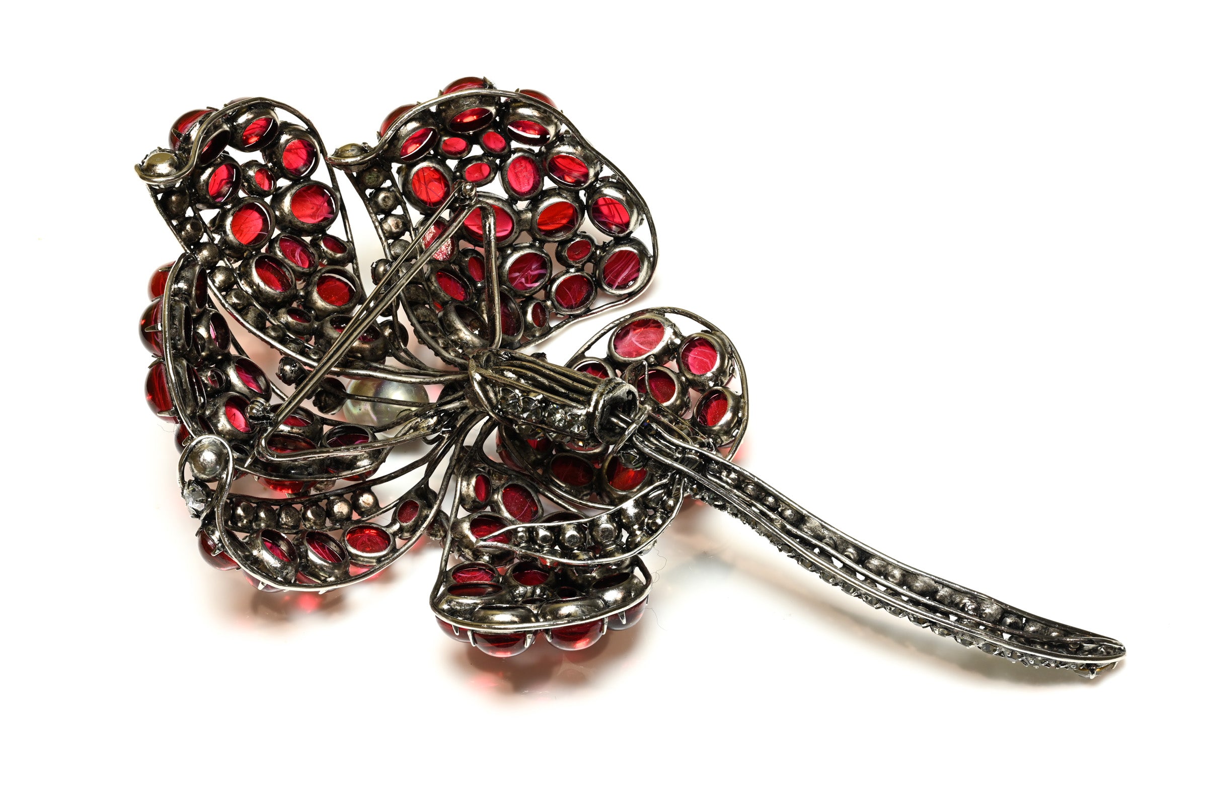 Iradj Moini Red Cabochon Glass Crystal Pearl Large Flower Brooch 4