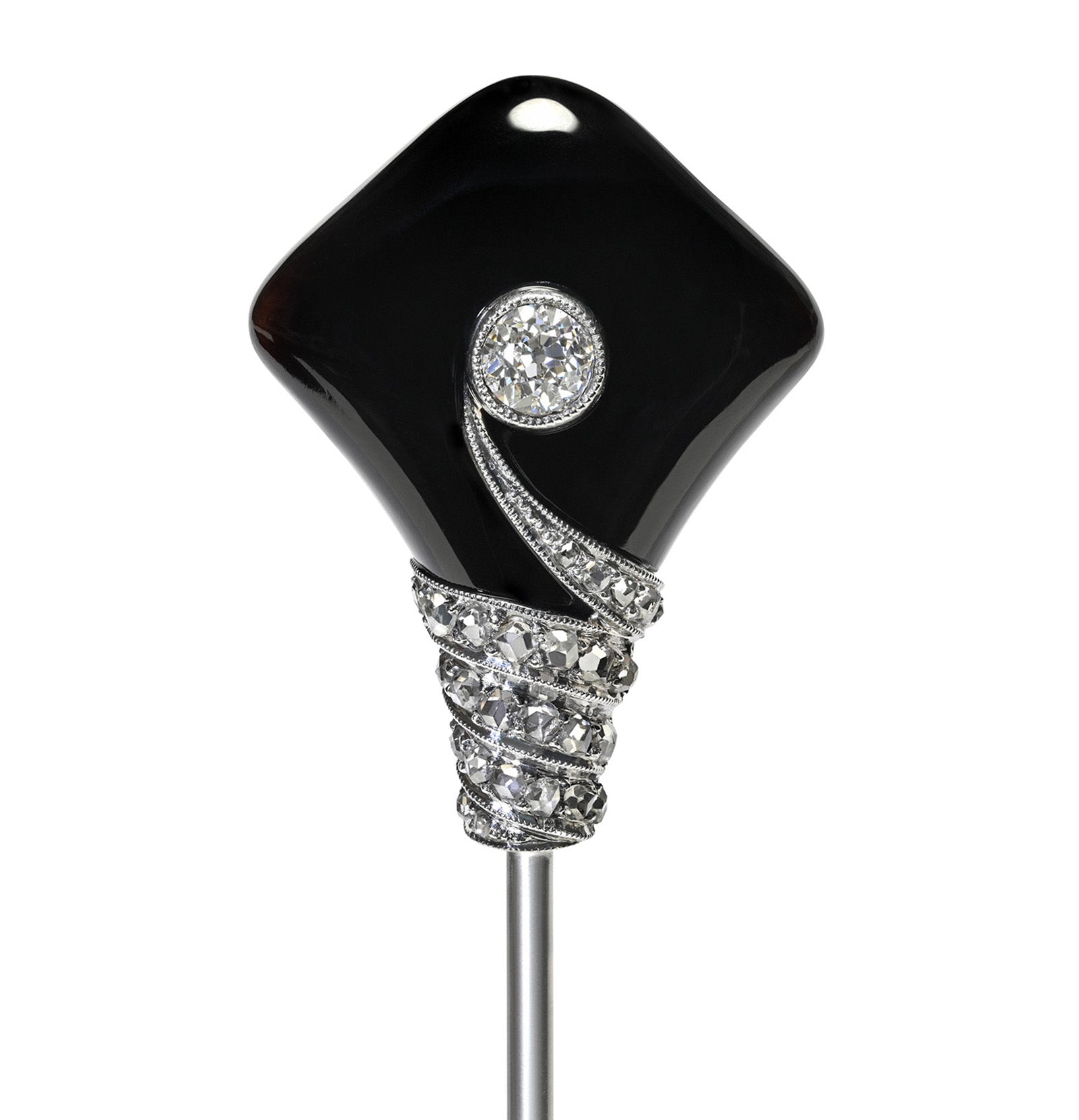 Janesich Art Deco Diamond Platinum Stick Pin with Onyx
