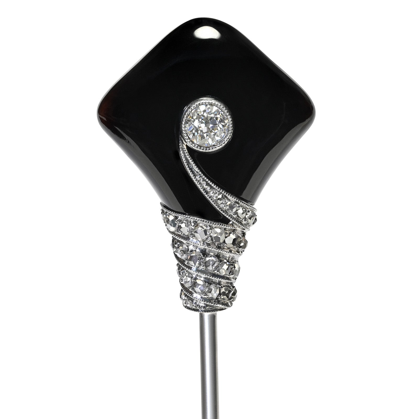 Janesich Paris Art Deco Onyx Diamond Platinum Stick Pin