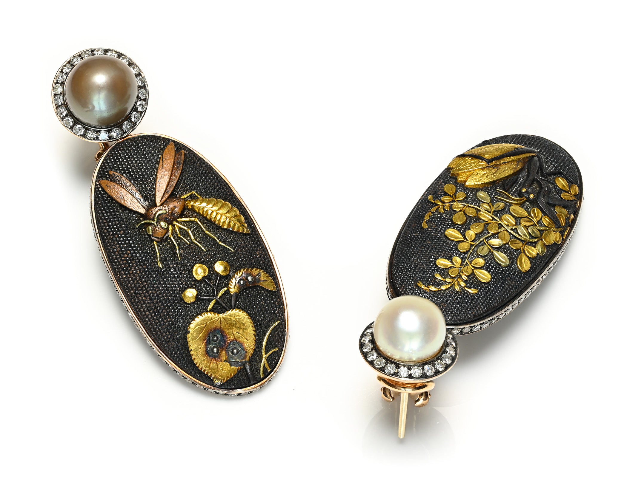 Antique Shakudo Gold Natural Pearl and Diamond Drop Earrings