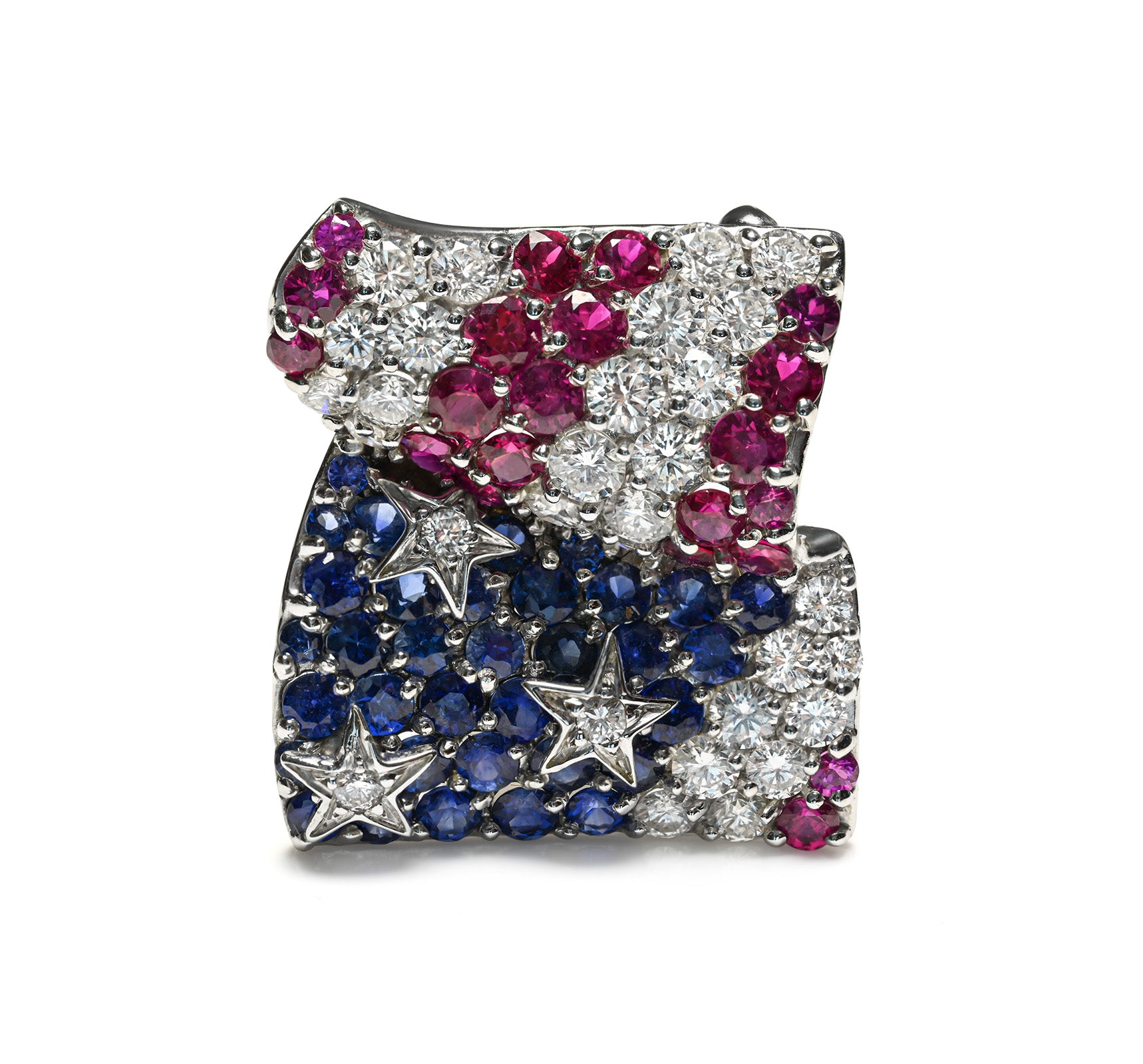 Patriotic Jean Vitau American Flag Brooch in 18K Gold Sapphire Ruby Diamond