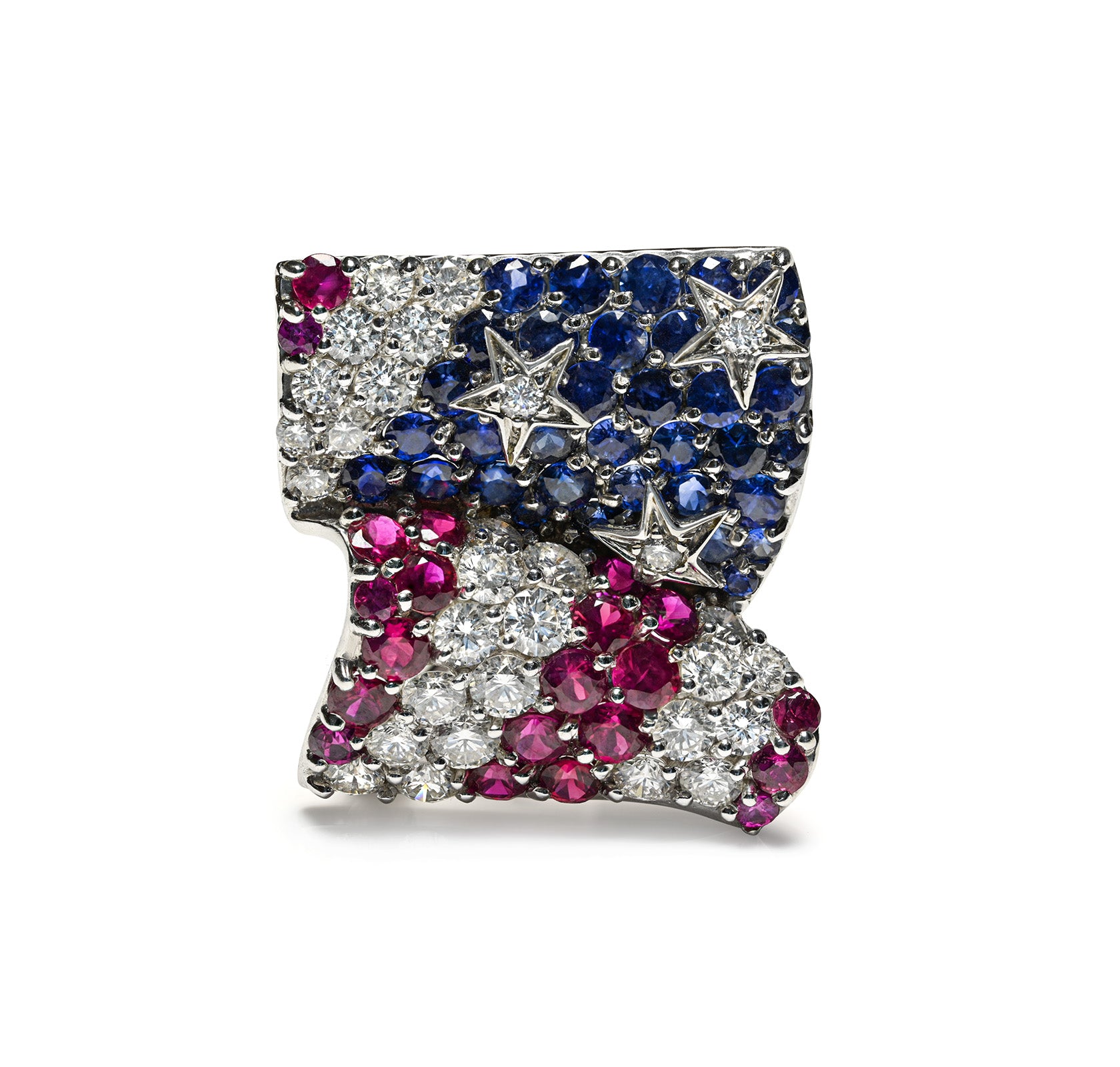 Jean Vitau American Flag Brooch 18K Gold Sapphire Ruby Diamond