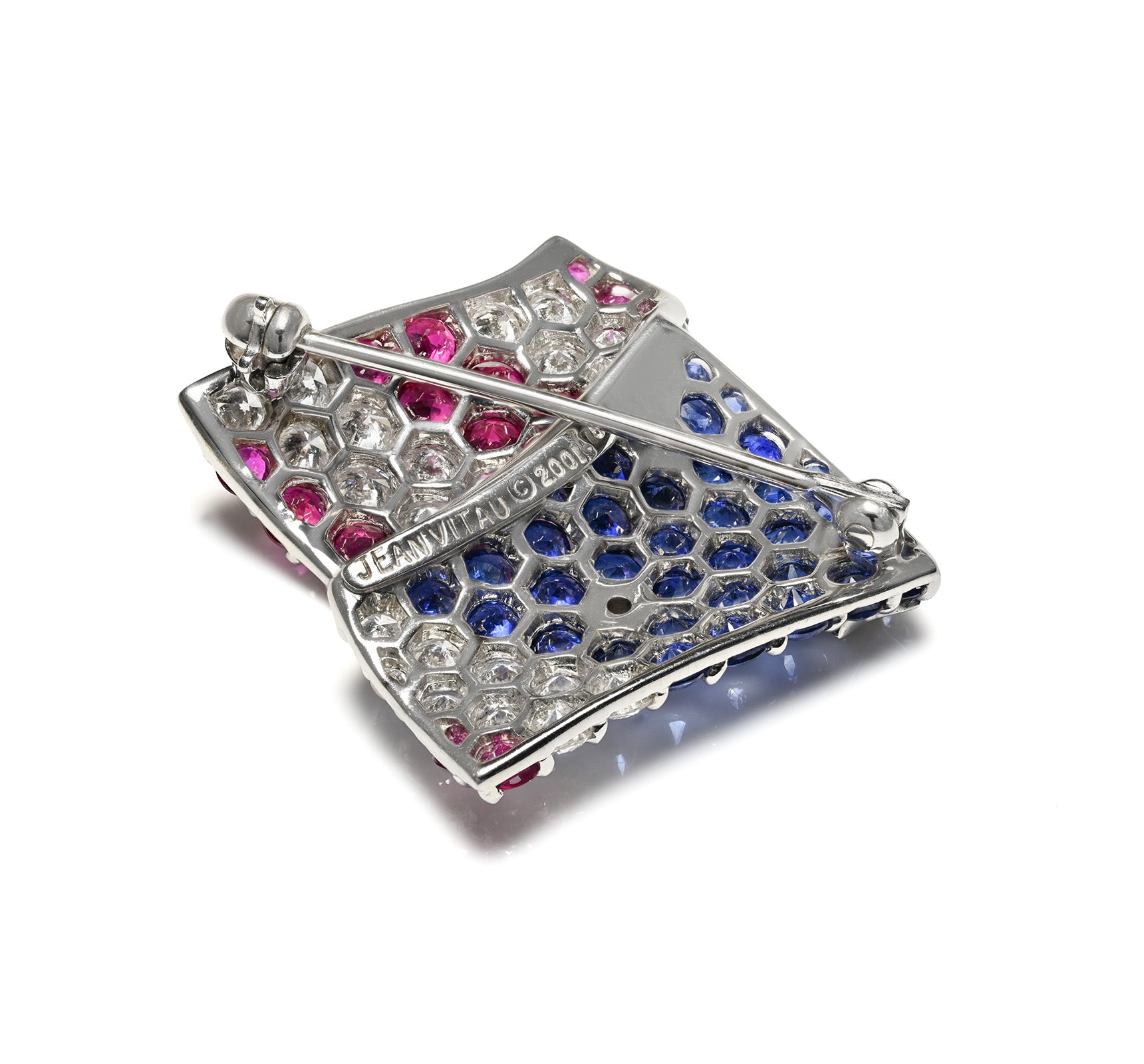 Jean Vitau American Flag Brooch in 18K Gold Sapphire Ruby Diamond Hallmark