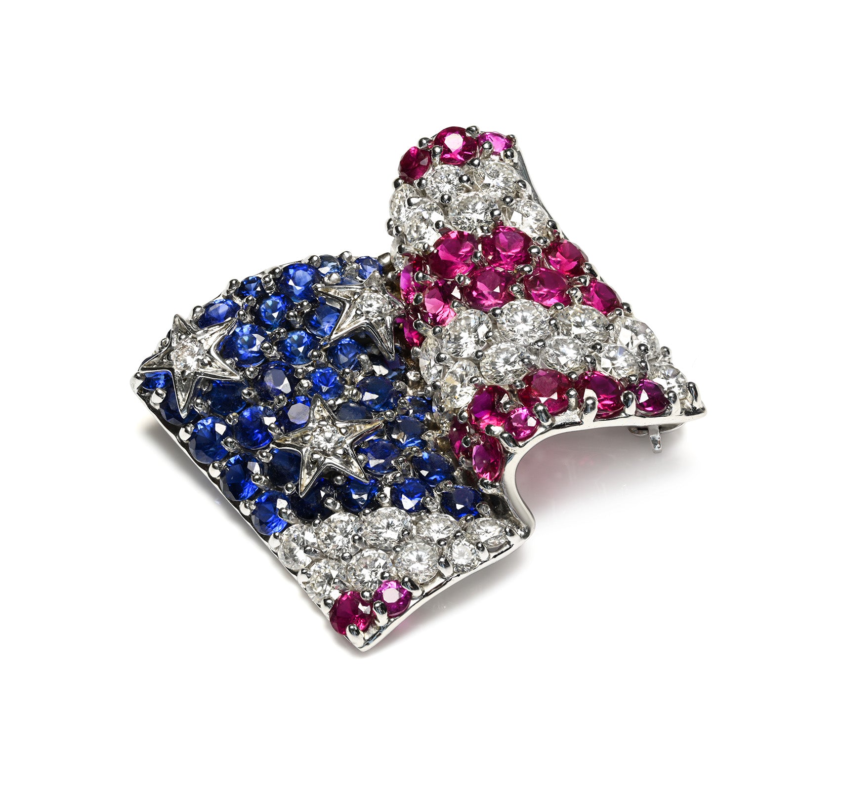 Jean Vitau American Flag Brooch in 18K Gold Sapphire Ruby Diamond